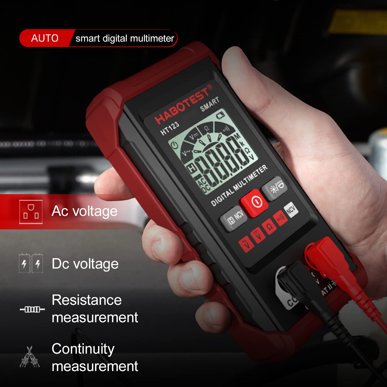 JINGFENG HT123 Digital Multimeter Auto Range Multi-meter 2,000 Counts True RMS Measuring AC/DC Voltage Resistance NCV Test with LCD Backlight Flashlight Data Hold - Image 3