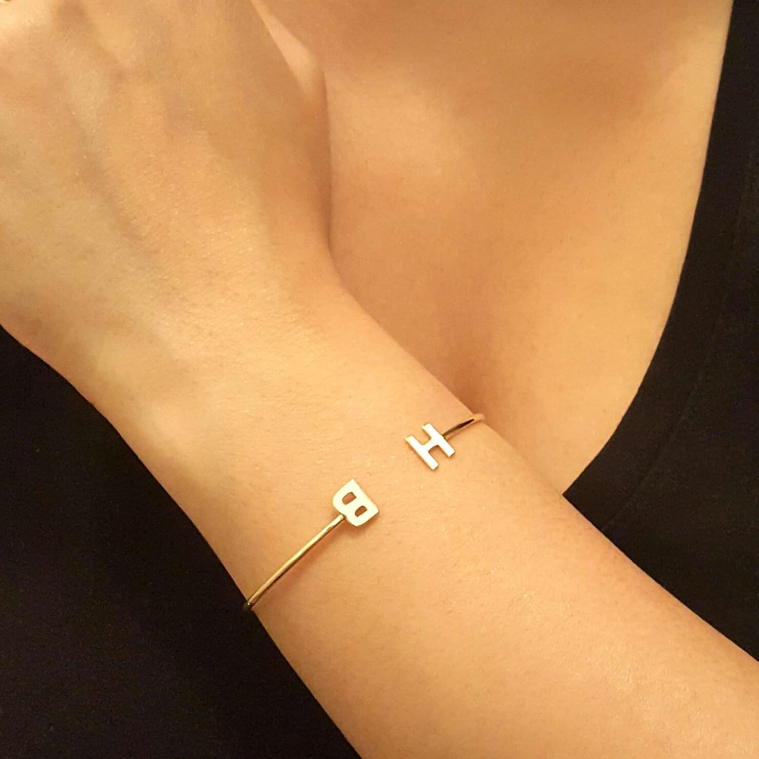 JEWEE DIAMOND Personalized 14k Gold Letter Bangle Bracelet - Sterling Silver Gold Fill Initial Cuff - Customized Open Cuff Bangle - Great Gift for Her