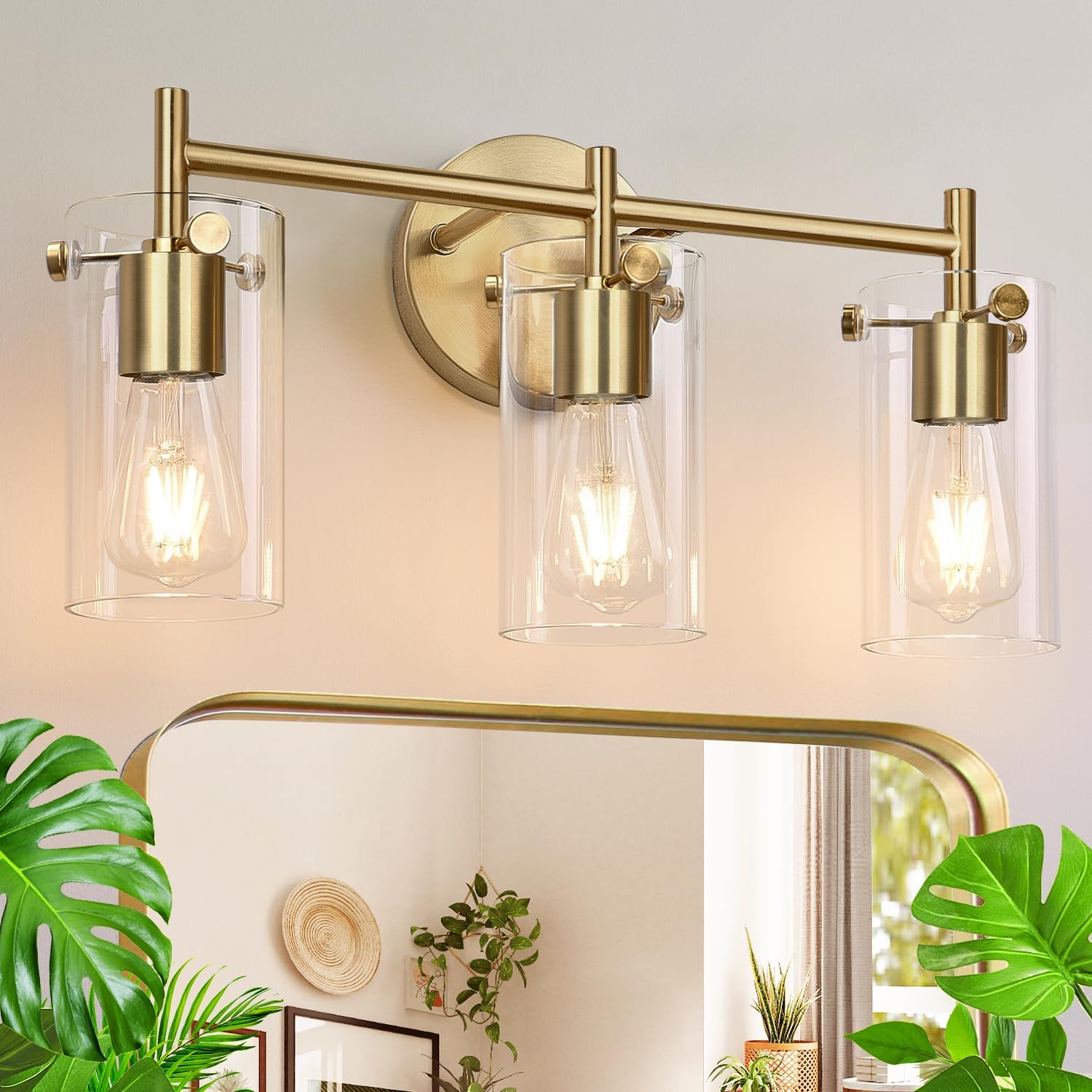 Bathroom Light Fixtures 2023 Upgrade, 3-Light Brushed Gold Bathroom Vanity Light, Gold Bathroom Lights Over Mirror with Clear Glass Shade, Bathroom Wall Sconces for Mirror Bedroom Living Room Hallway