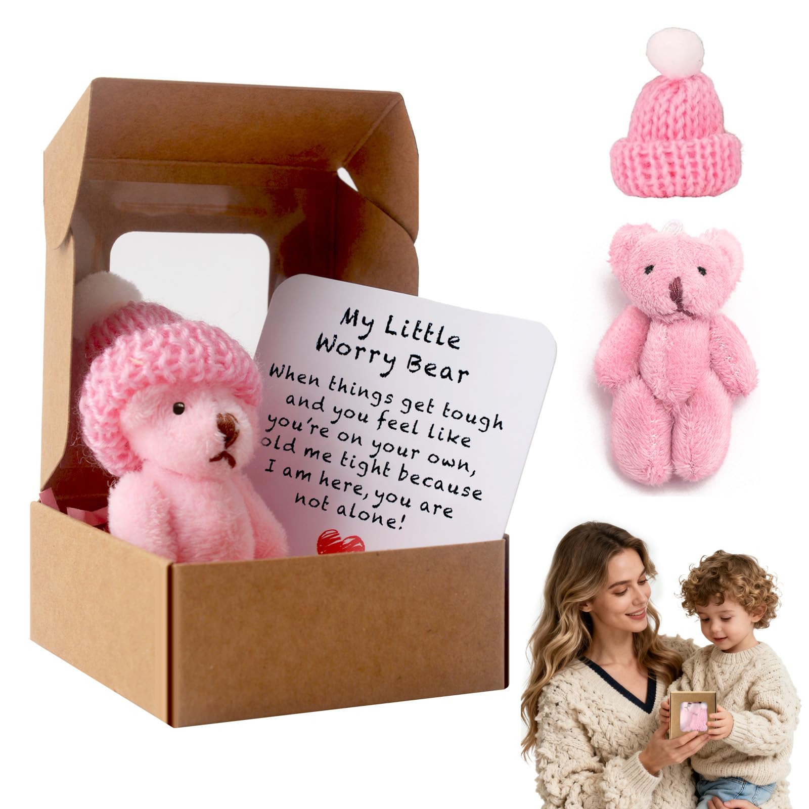 71Nmly Worry Bear Hug in a Box,A Little Pocket Bear Hug,Mini Worry Bears with Inspirational Card,Handmade Mini Plush Teddy Bears in Box,Bears Doll,Positive Gifts for Kids,Friends (pink) — image 1