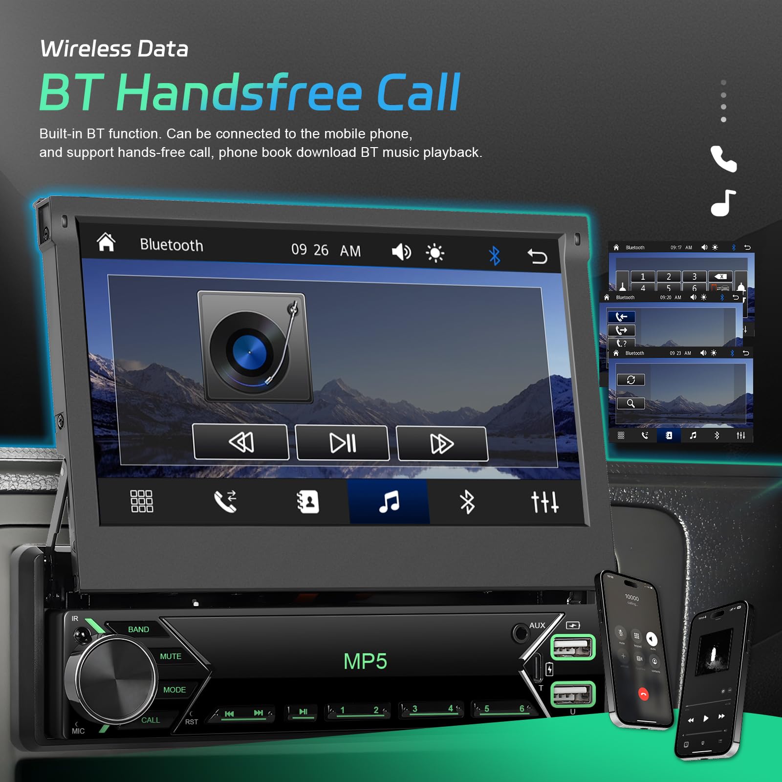 FM RDS 1 Din Autoradio Wireless Carplay Android Auto, Retractable Écran Tactile 7 Pouces Poste Radio Voiture Bluetooth, EQ, Mirror Link, Caméra de Recul, MIC, AUX, USB