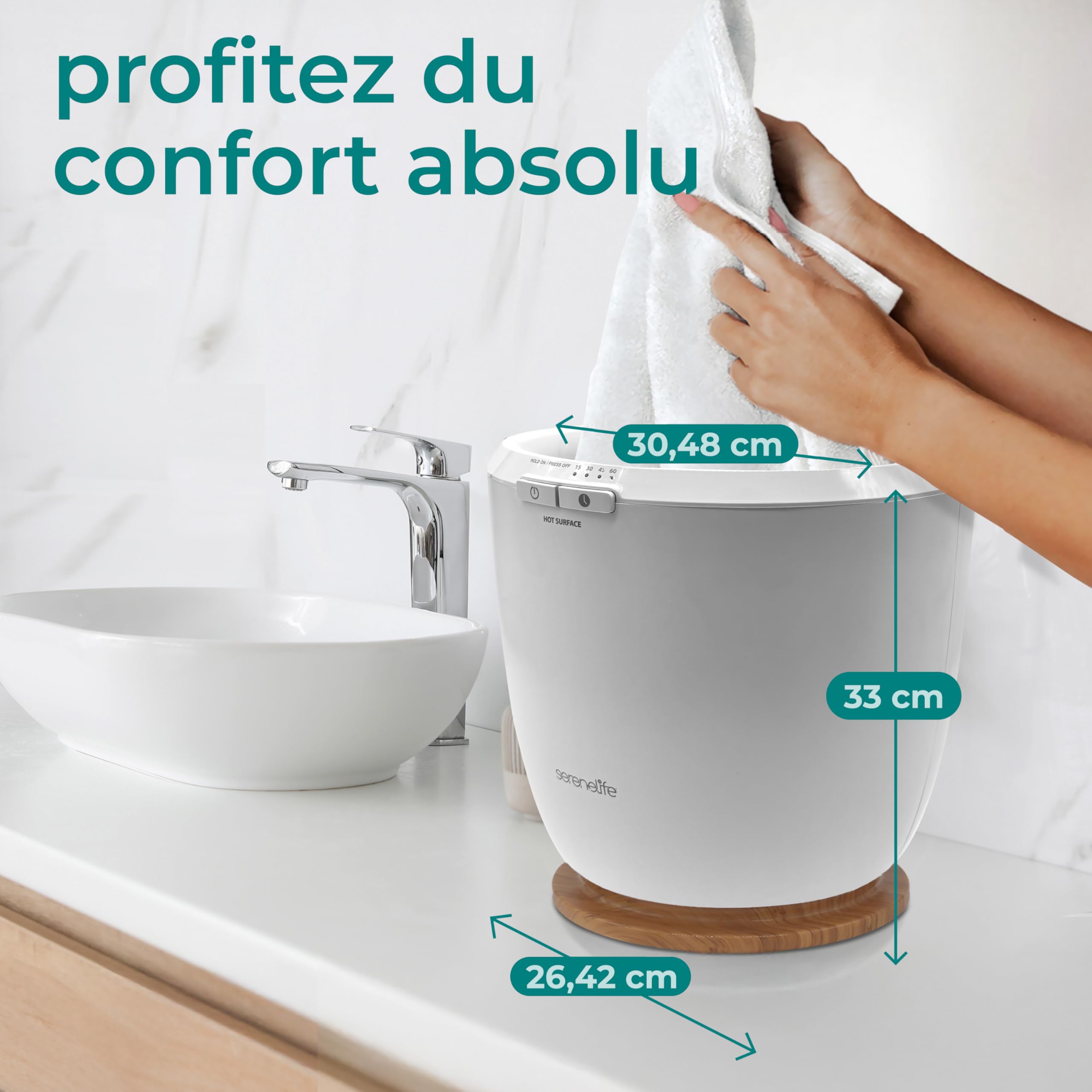 SereneLife Chauffe-Serviettes de Luxe pour Salle de Bain – Seau Chauffant avec Arrêt Automatique et Support pour Disque Parfumé – Chauffe 1 Grande Serviette – Design Compact ABS Naturel