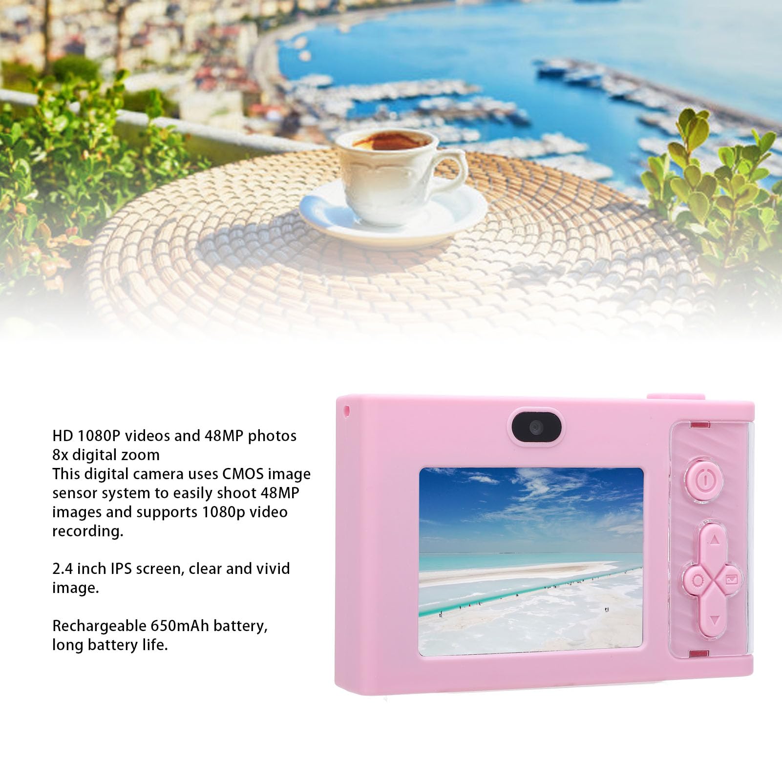 Fotocamera digitale da 48 MP e 1080P, compatta point-and-shoot con zoom digitale 8x, schermo IPS da 2,4 pollici, stabilizzazione dell’immagine e ricarica USB-C, ideale per i (32GB)