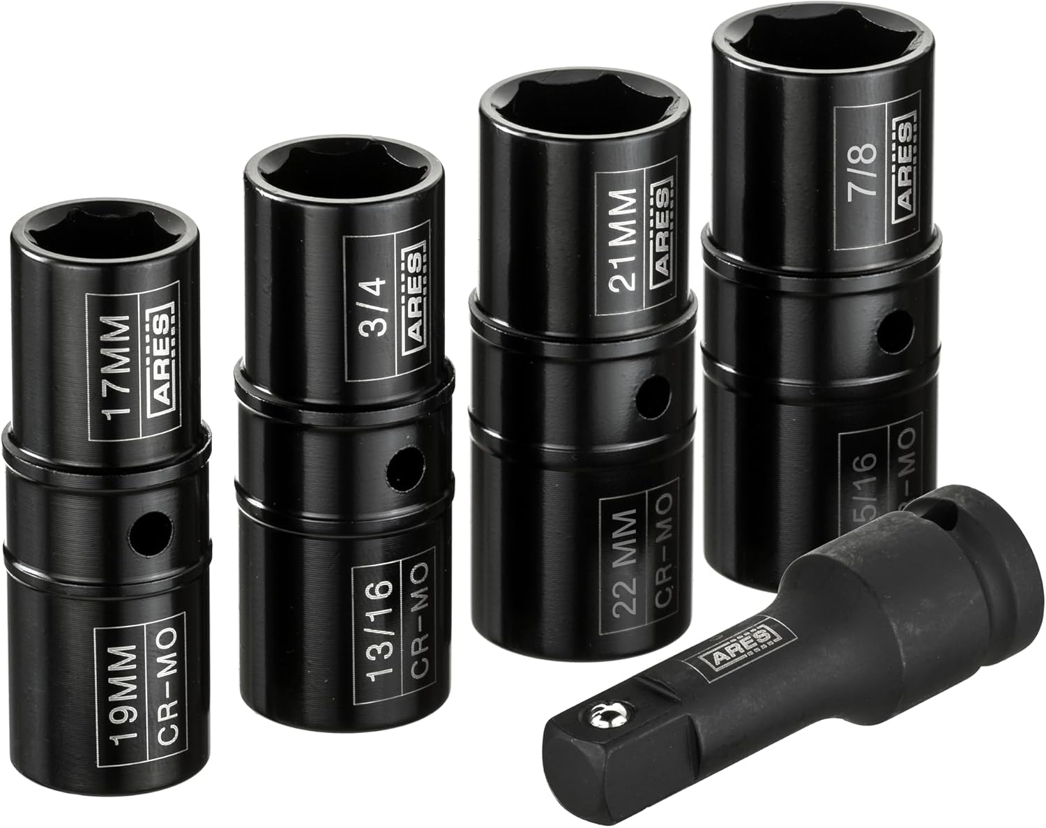 ARES 59010-5-Piece 1/2-inch Drive Lug Nut Flip Socket Set - Includes 17mm, 19mm, 21mm, 22mm Metric Sizes & 3/4-Inch, 13/16-Inch, 7/8-Inch, 15/16-Inch SAE Sizes - Impact Grade Chrome-Moly Steel