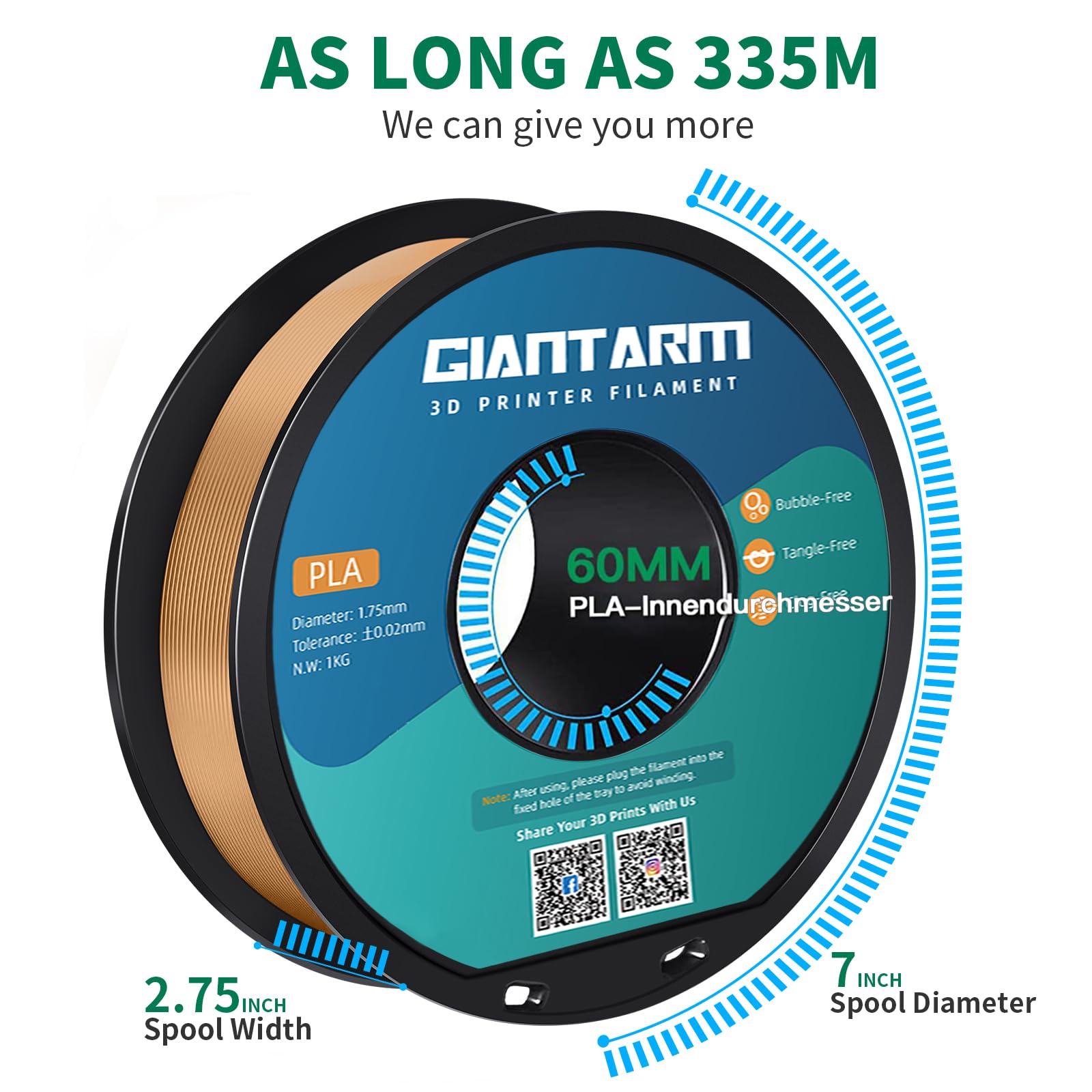 Filamento PLA 1,75 mm, GIANTARM Stampante 3D PLA Filamento 1 kg Spool (Oro sabbia)