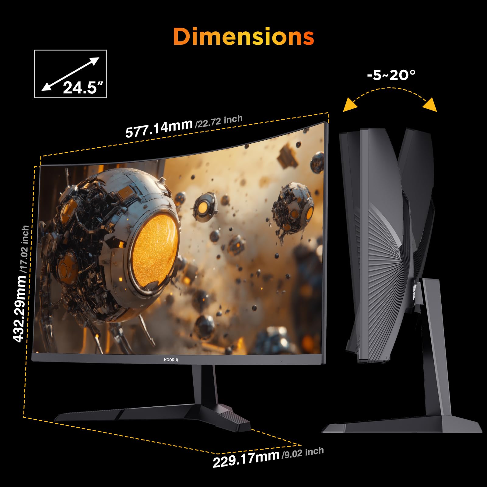 KOORUI 25 Inch Curved Gaming Monitor 240Hz FHD 1080P Computer Monitor, 1500R 1ms MPRT Display, Adaptive Sync, 90% DCI-P3,HDR, Eye Care, Tilt Adjustable, VESA 75x75mm, Black,G2511XC