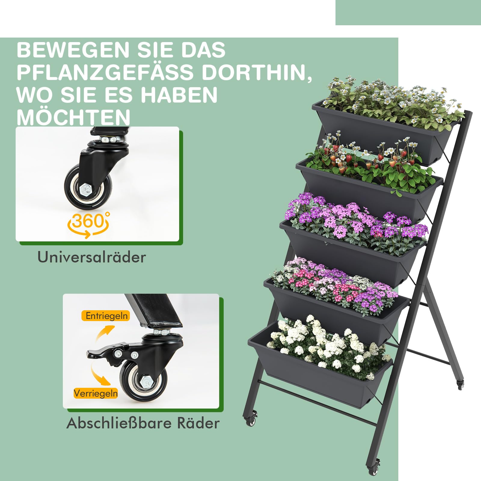 RELAX4LIFE Vertikalbeet mit 5 Blumenkästen, Vertikales Hochbeet mit 5 Etagen, Kräuterbeet mit Feststellbaren Rädern & Metallrahmen, Mobile Pflanztreppe für Balkon Garten (Schwarz, 68 x 57 x 117 cm)