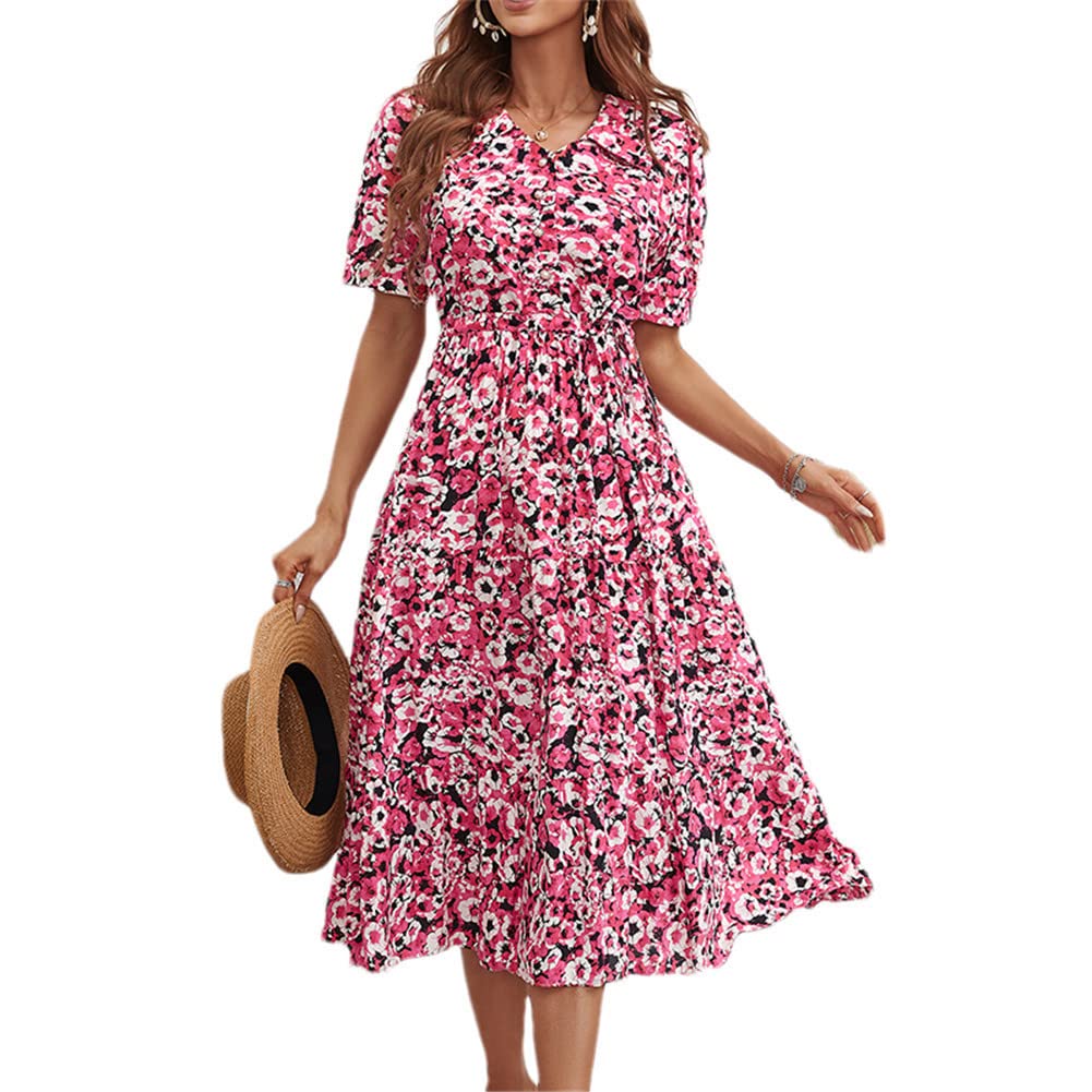 Vsadsau Vestido largo de manga corta con estampado floral para mujer, vestido de verano, oficina, fiesta, casual, acampanado, vestido midi