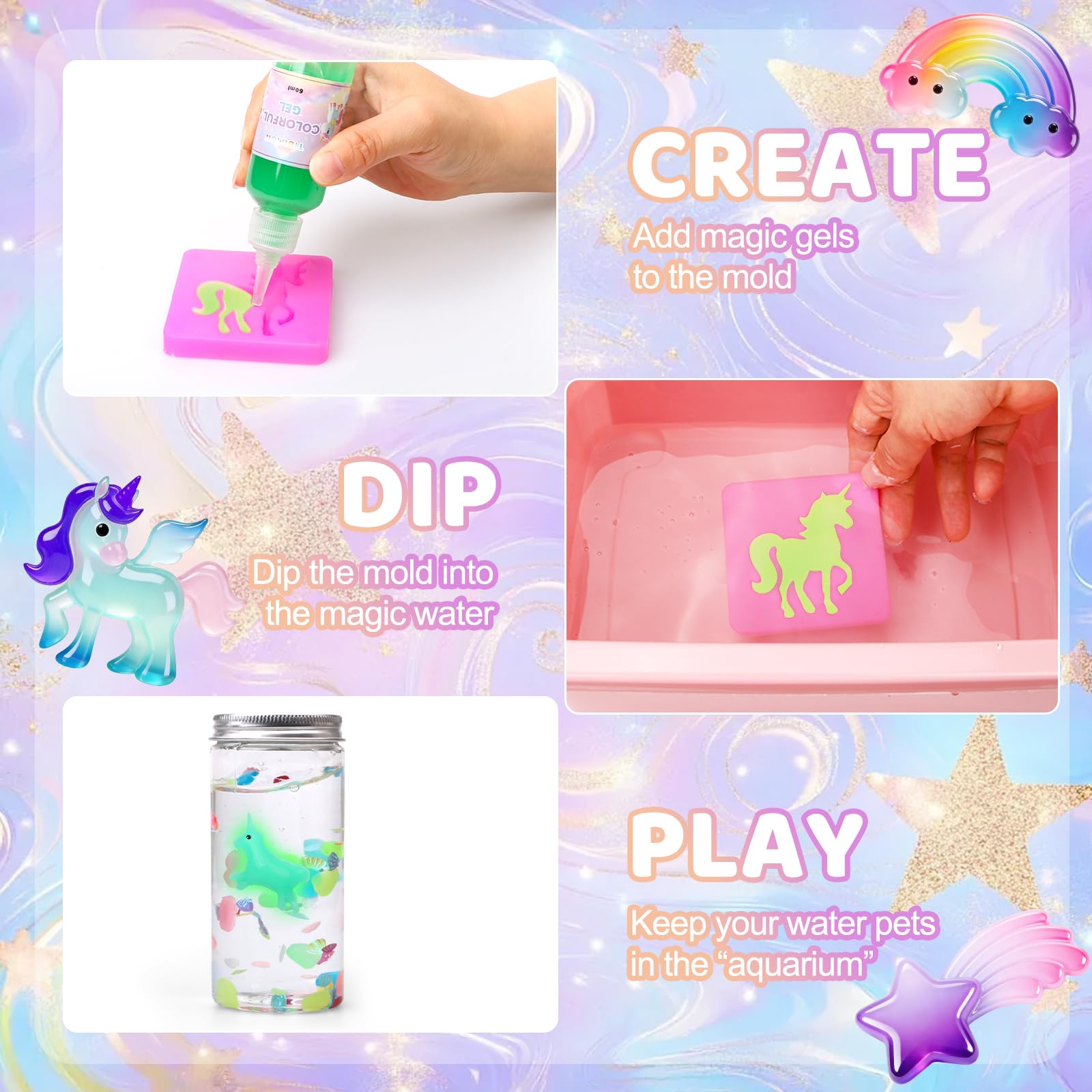Tibimon Einhorn Magic Water Elf, DIY 3D Magisches Wasser Gel Spielzeug, 20 Magischem Gel und 16 Formen, Magic Water elf für Kinder 4 5 6+, Geburtstag, Weihnachten, Ostern, Geschenk für Jungen Mädchen