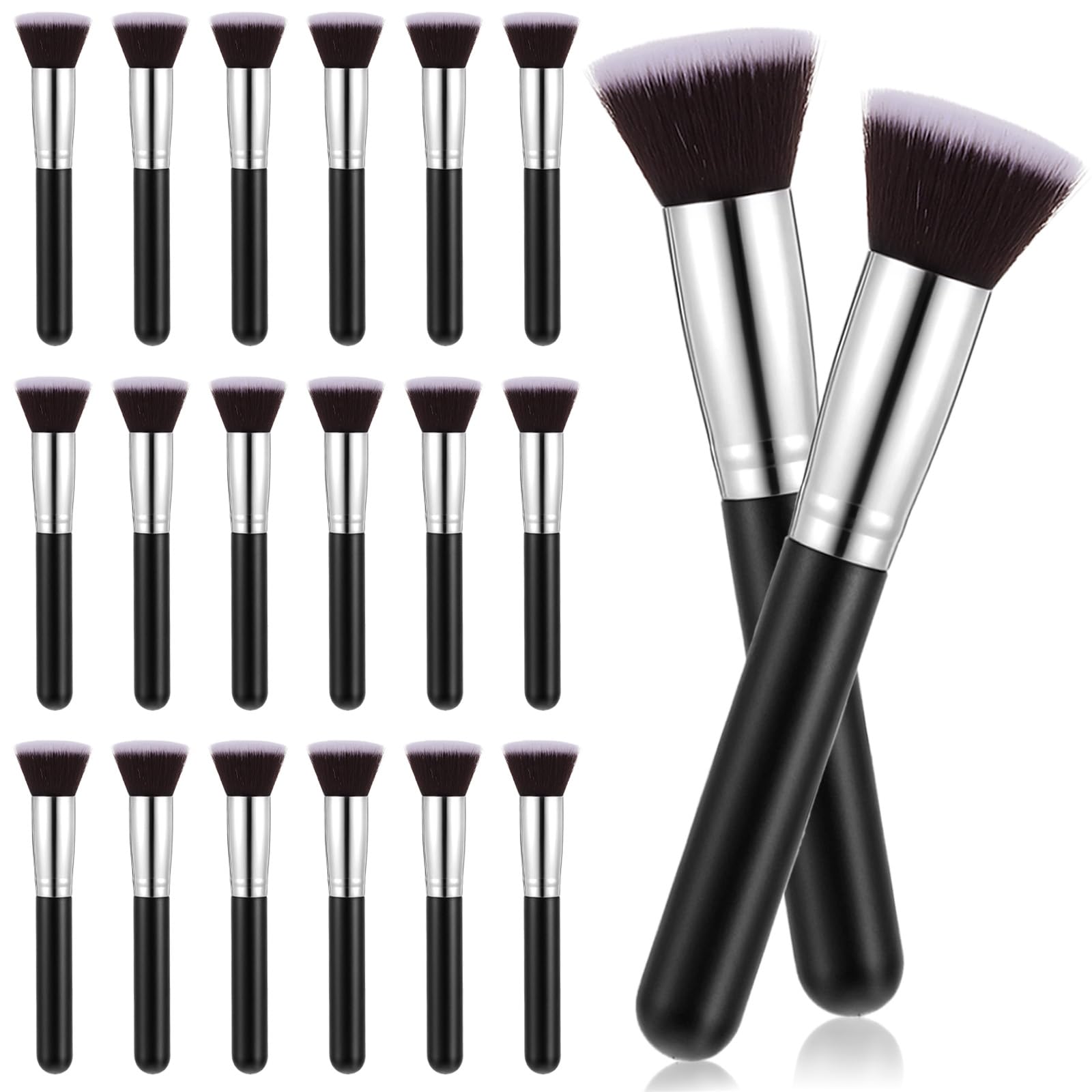20 Pcs Makeup Brushes Bulk, Flat Top Foundation Brush Bulk, Liquid Cream Powder Foundation Contour Blush, Eye Shadow Blending Liner Make up Kit for Wedding Artist (Black)