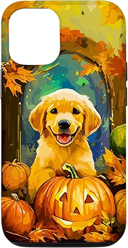 iPhone 1212 Pro Cute Golden Retriever Otoño Calabaza Otoño Hojas Halloween Caso