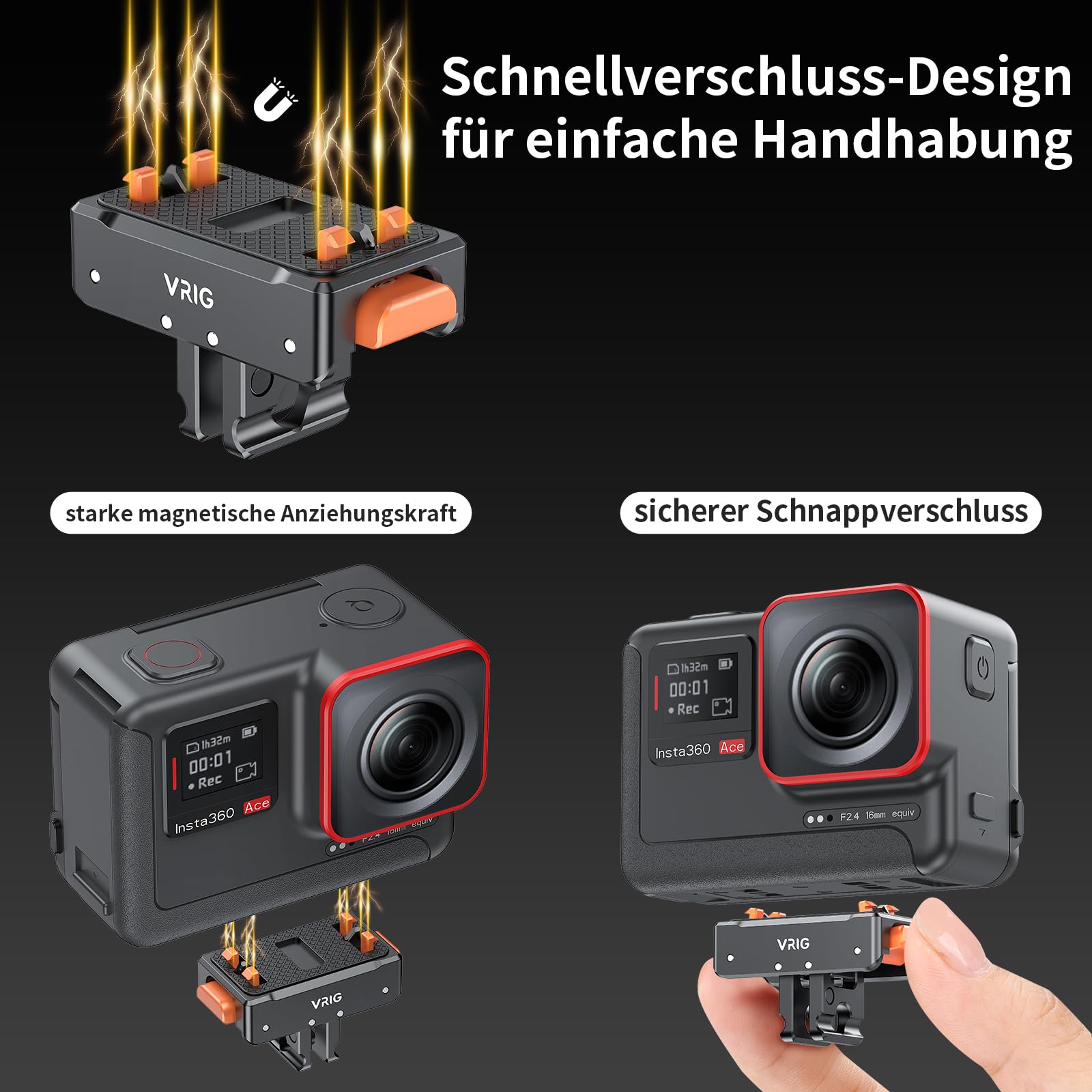 VRIG Base magnétique pour Insta360 Ace/Ace Pro 2/X5/X4/X4 Air, adaptateur de trépied magnétique Quick Release avec support d'extension 1/4"