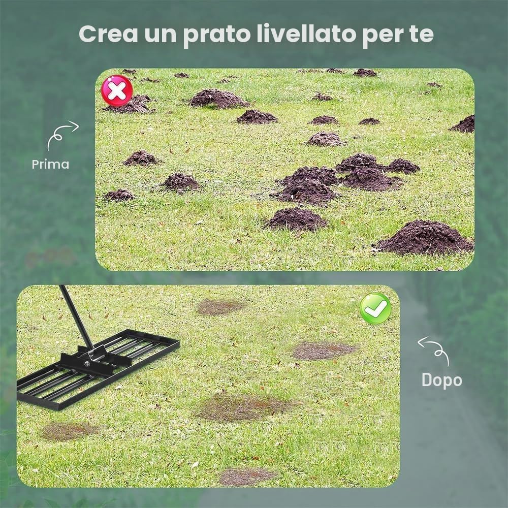 Rastrello per livellamento del prato, 76 x 25 cm, con stelo, rastrello per livellamento prato, piastra pieghevole per prato, per livellare prato, sabbia/terreno per il campo da golf da giardino.