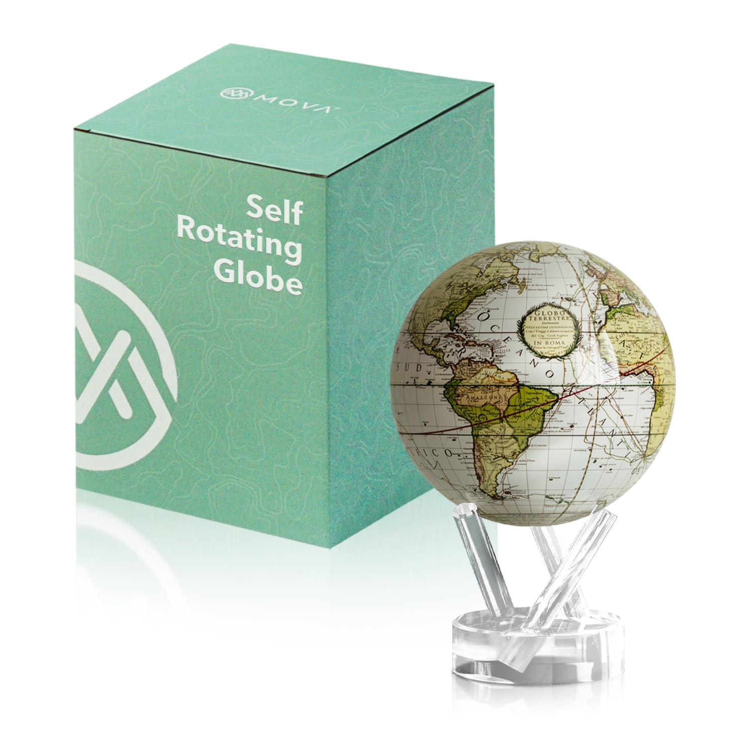 Globe - Antique Cassini White Classic (4.5") | Solar-Powered Spinning Globe for Desk or Shelf | Vintage Map Decor | No Batteries or Cords