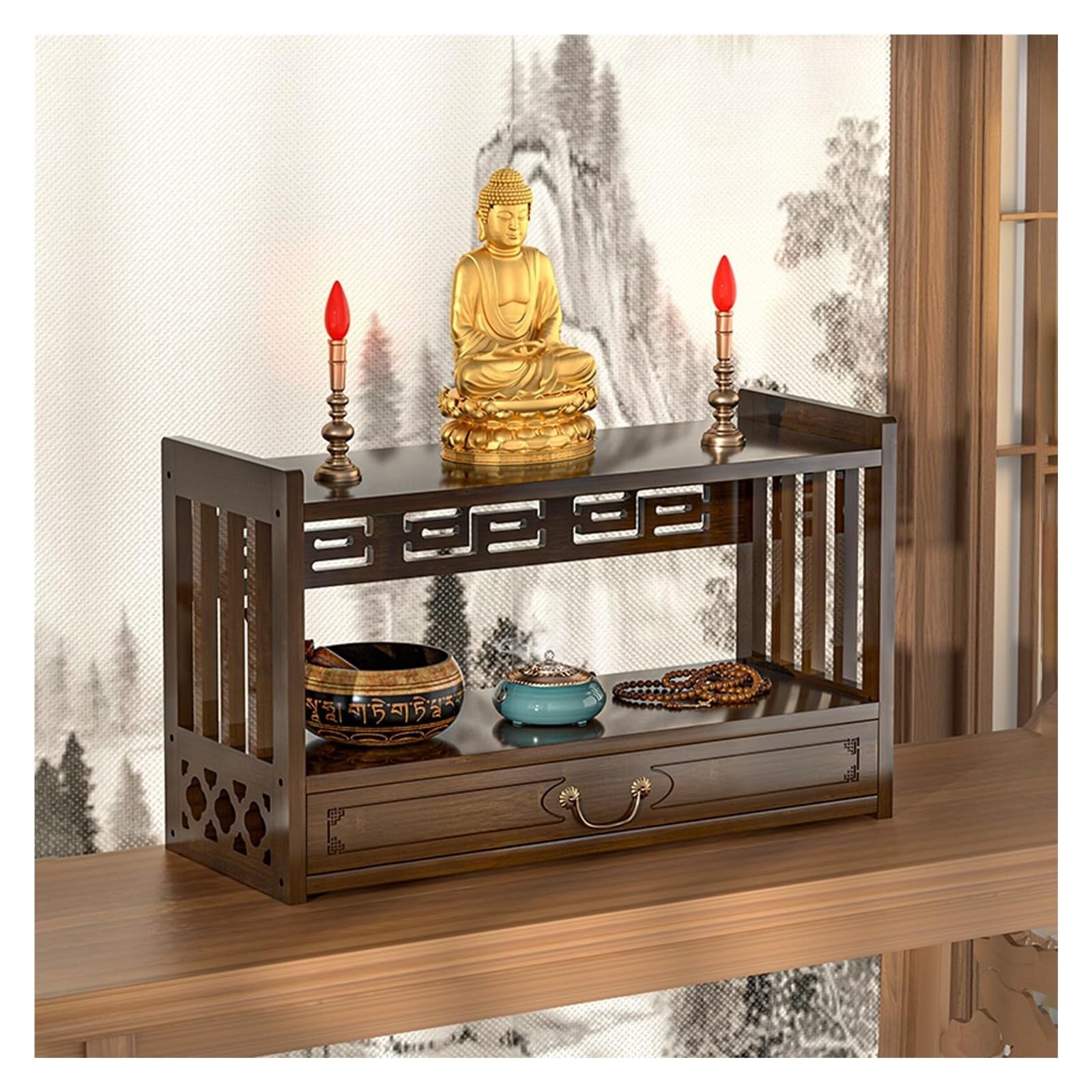 Genérico Mesa de Altar de bambú de 2 Niveles con Almacenamiento Estilo Zen | Con cajón for prácticas espirituales, estatuas de Buda, rituales, libros.(Black,69cm/27'')