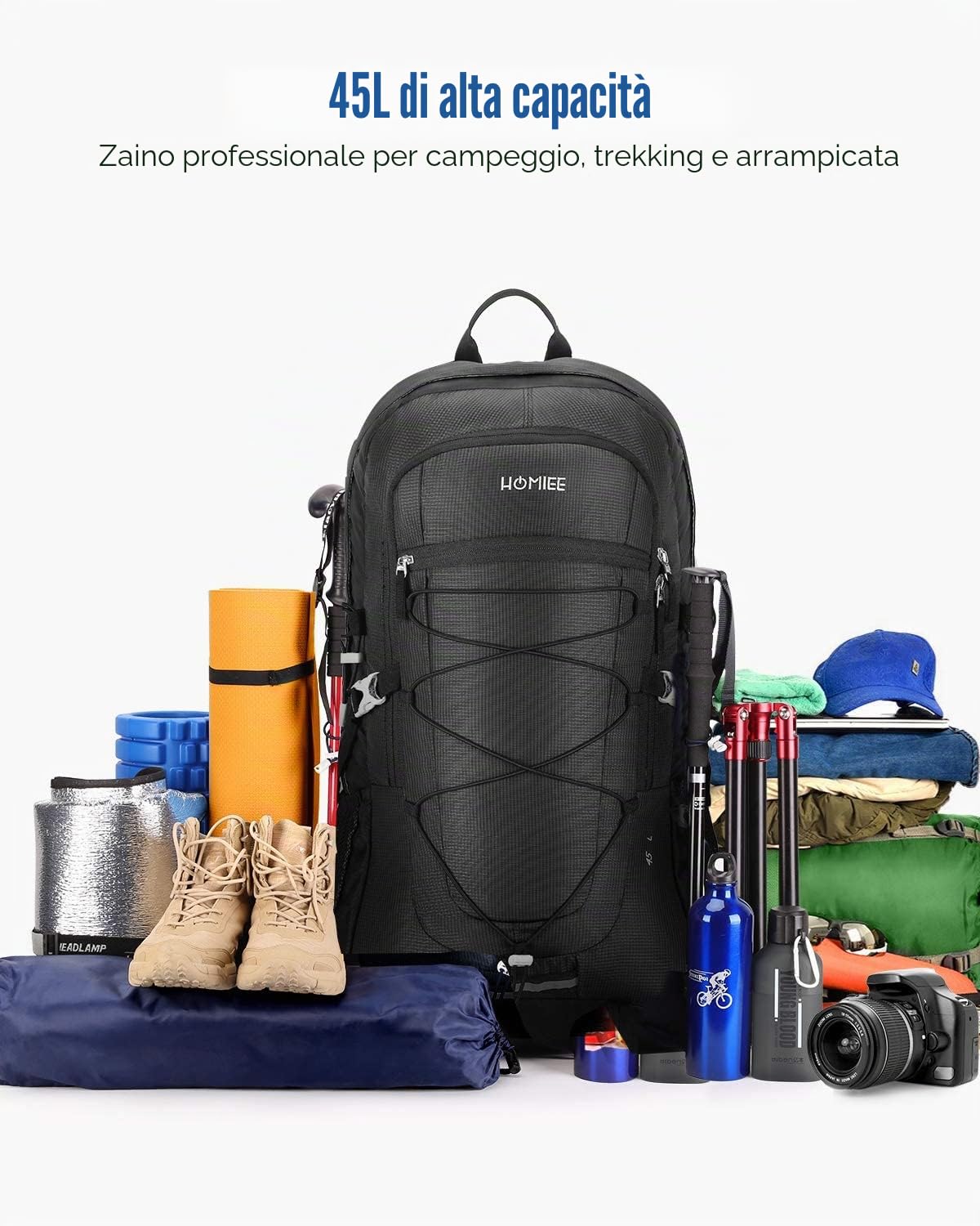 HOMIEE Zaino Trekking 45 Litri, Resistente all'acqua, Zaino da Escursione per Trekking Alpinismo, Multifunzione Zaino da Campeggio per Sciare Sport Viaggio, Donna e Uomo