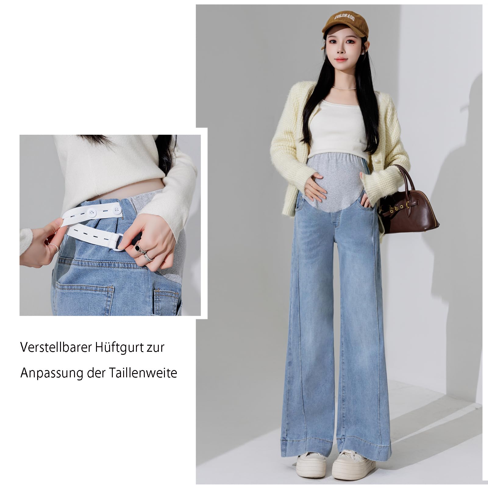 Jeans in gravidanza, da donna, in vita regolabile, larghezza Bootcut/Flare Stretch Denim Lounge Pantaloni con tasche per donne piccole fino a 170 cm