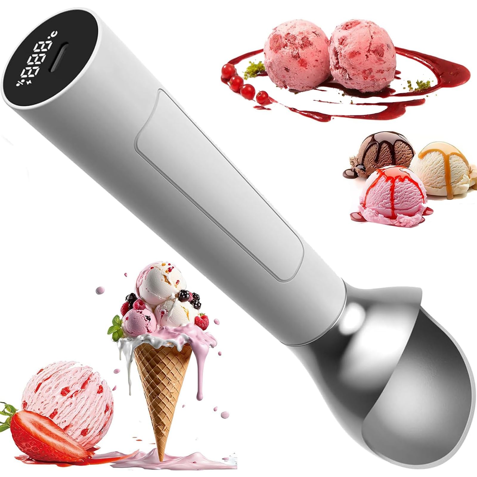 Cuillère à glace chauffante électrique, cuillère à glace chauffante automatique, cuillère à glace rechargeable de 2 oz avec écran intelligent, étanchéité IP67 pour cafétéria, cuisi