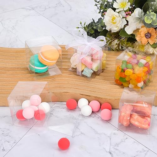 Miniatura 6 de Moretoes 120 cajas de regalo, cajas de regalo transparentes de 2 x 2 x 2 pulgadas con cintas, caja de plástico transparente para dulces mini