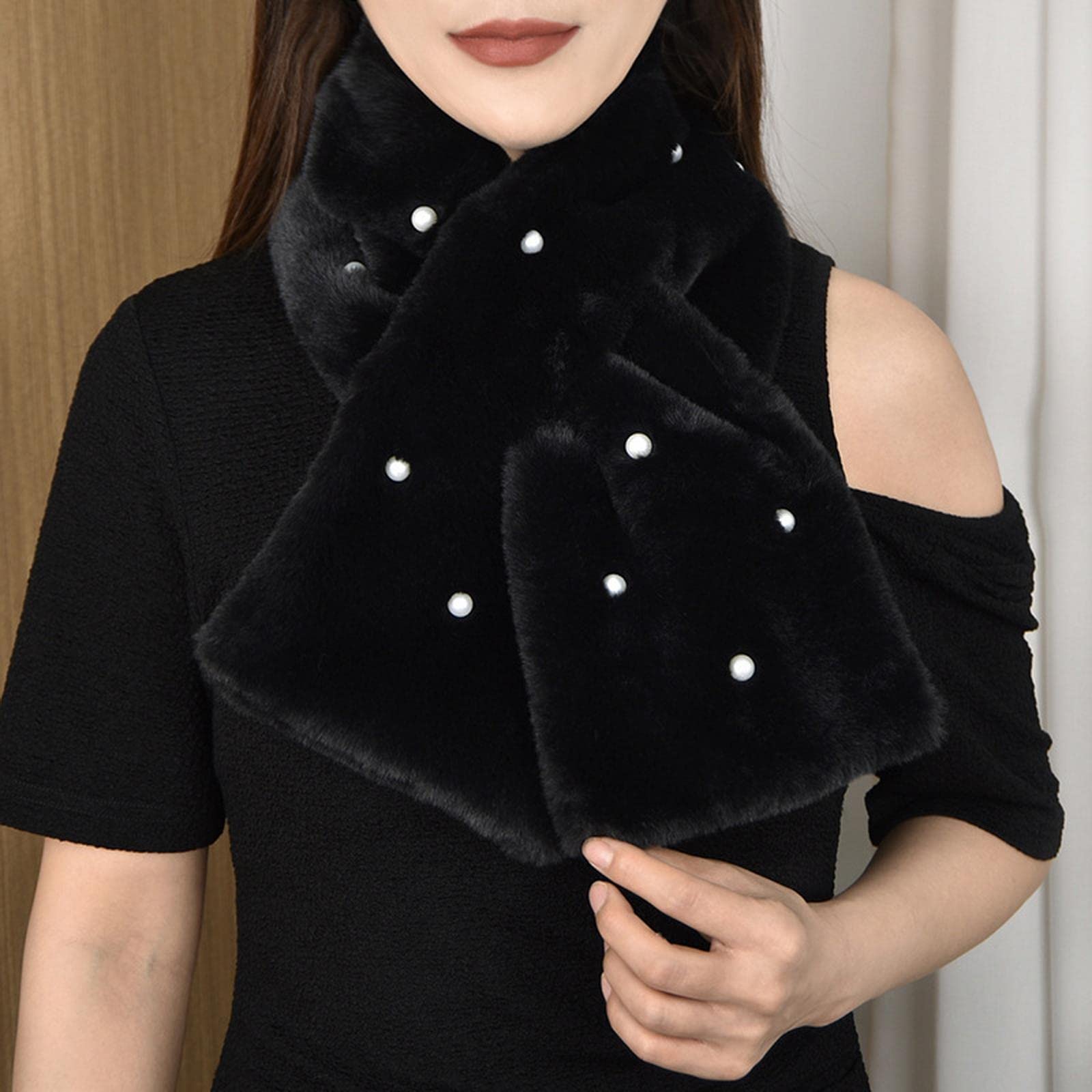 MOGSA Foulard double face en fausse fourrure de lapin épaisse pour femme Hiver Coupe-vent Croix Tour de cou Écharpe chaude