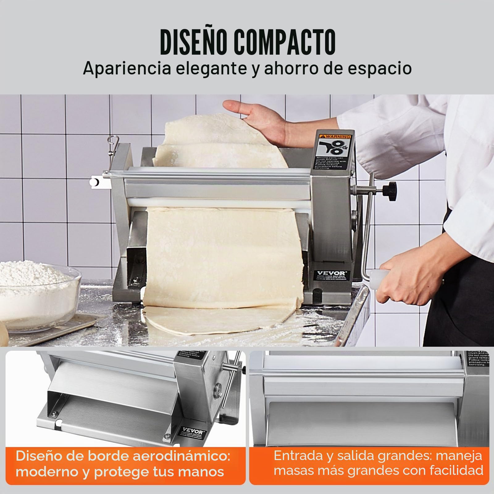 VEVOR Máquina Enrolladora de Masa Manual Rodillo de Masa de Acero Inoxidable, Mango Extraíble, Placa, Espesor Ajustable Máximo 12 mm, Uso Doméstico o Cocinas Comerciales Pequeñas, 250 x 550 x 220 mm