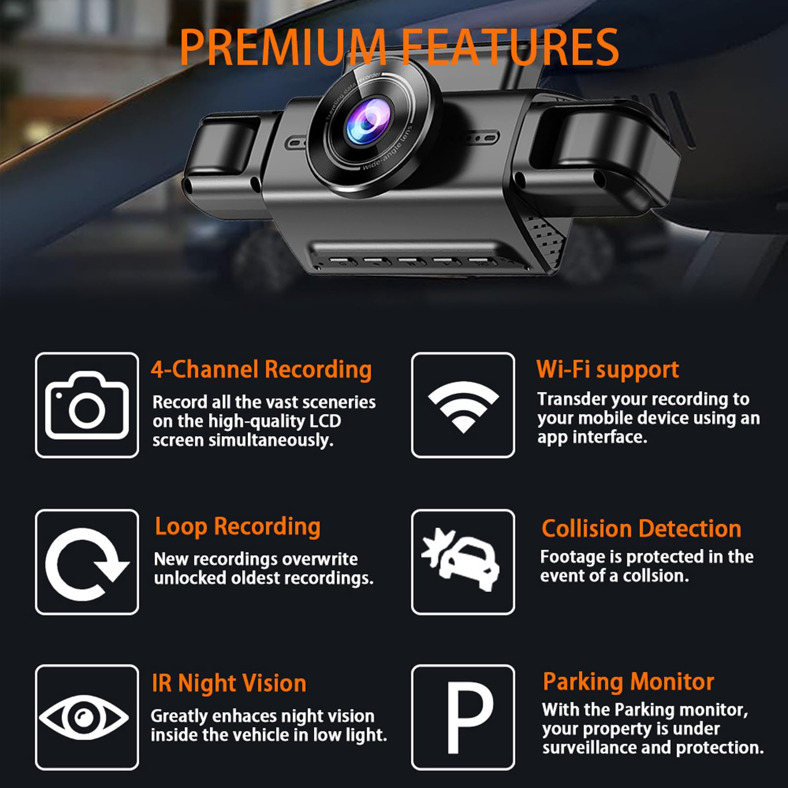Annadue Fotocamera Anteriore e Posteriore e All'interno e All'interno della Dash Cam, 2K+1080p+2x480p WiFi CASHCAM DASHCAM CAMERA, SUPER Night Vision, Alimentazione più Leggera, con
