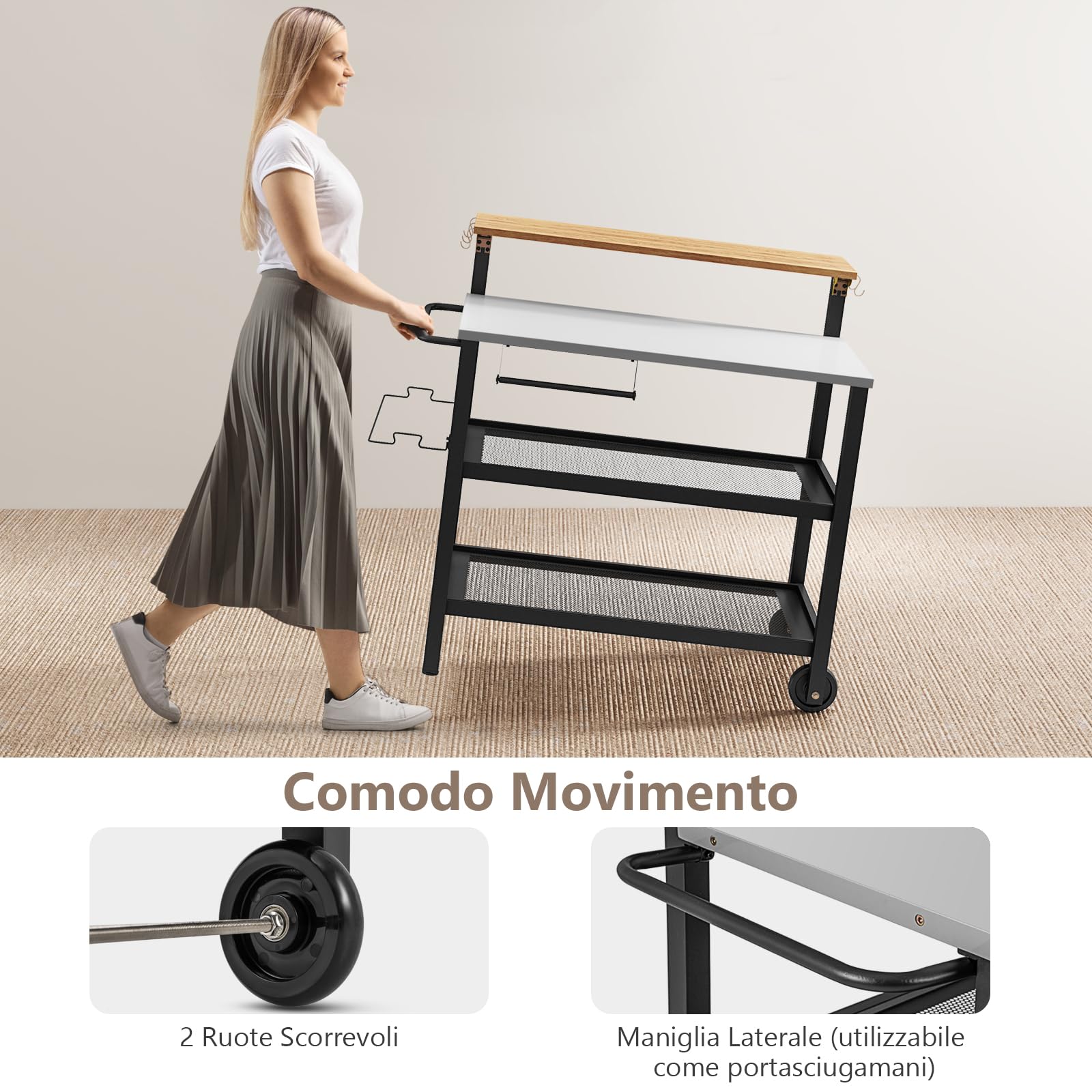 GYMAX Carrello Bar con Piano Ribaltabile, Supporto per Forno a 3 Ripiani con Ruote, Scaffali e Ganci, Carrello per Griglia con Porta Carta Asciugamani/Sacchetti, Carrello da Servizio da Esterno