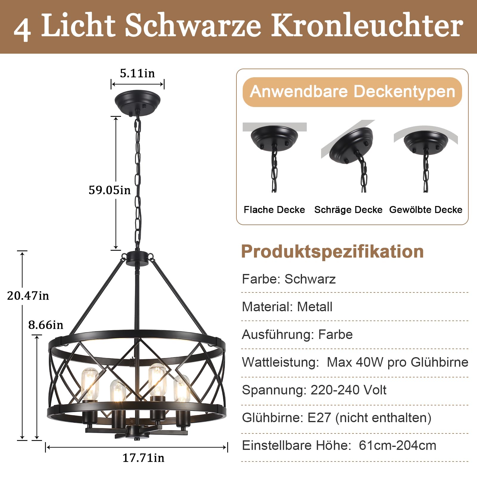 Kronleuchter Modern Schwarz 4 Flammig, Vintage Kronleuchter Hängelampe Wohnzimmer, Landhaus Industrie Deckenlampe Hängend Pendelleuchte für Esszimmer Flur Foyer Schlafzimmer