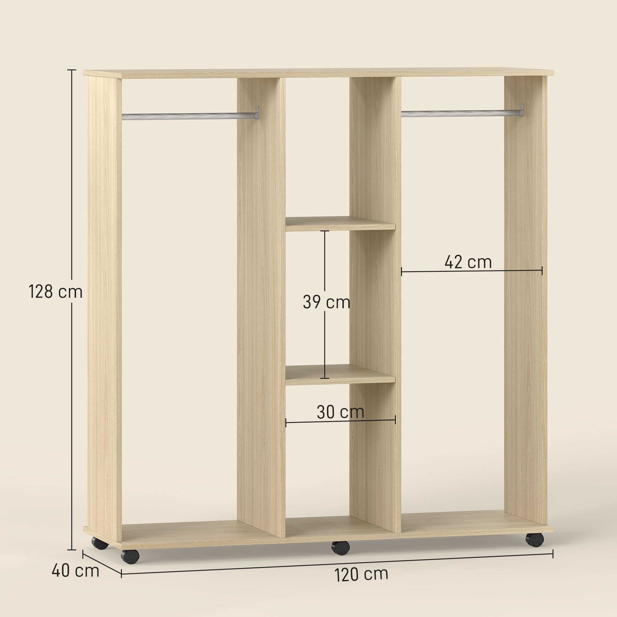 HOMCOM Armoire Penderie Mobile 6 roulettes 120x40x128cm Bois Naturel