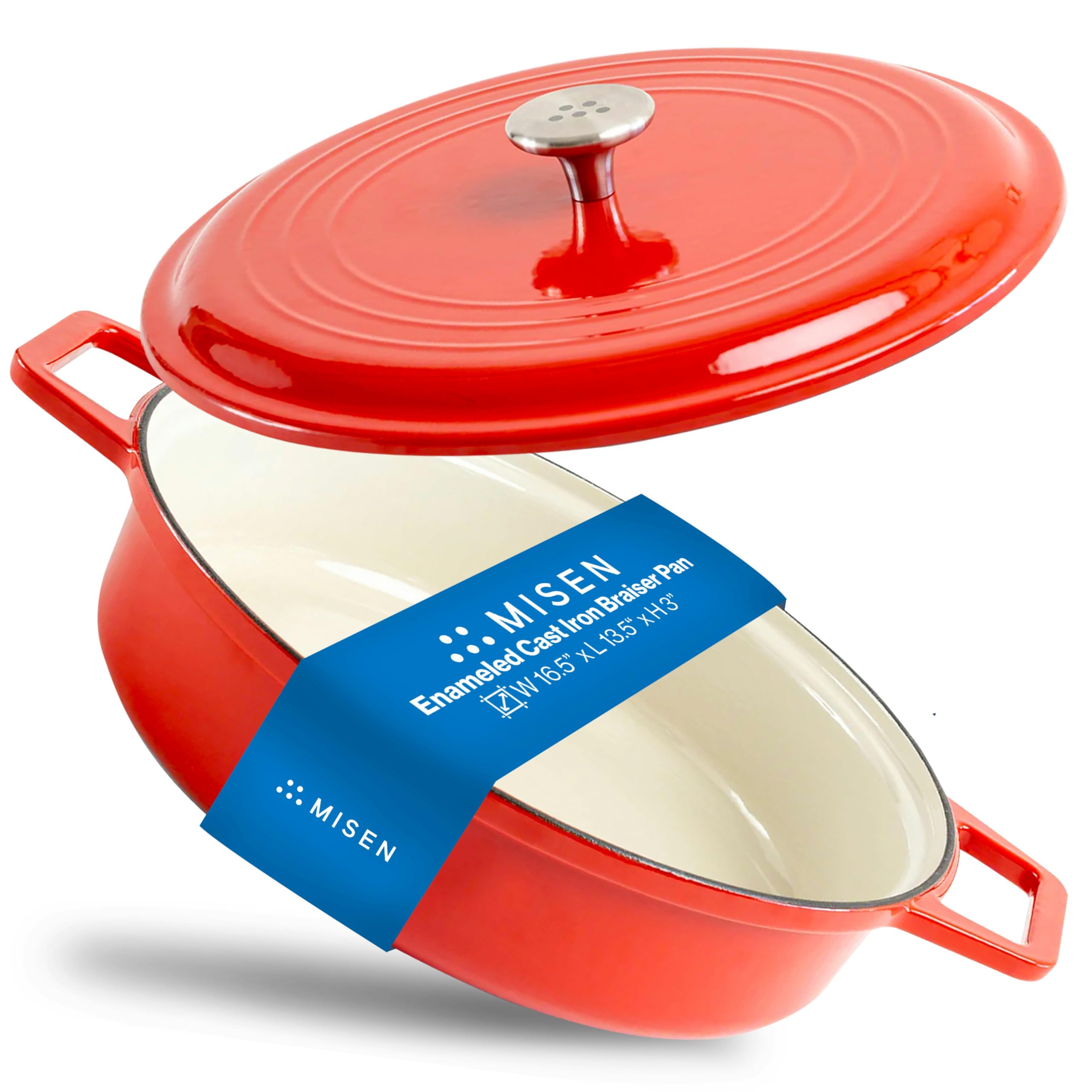 Misen 5.5 QT Braiser – Enameled Cast Iron Pan for Searing, Braising & Slow Cooking – No-Chip Enamel Coating – Extra-Wide Handles – Superior Heat Retention & Even Cooking - Red
