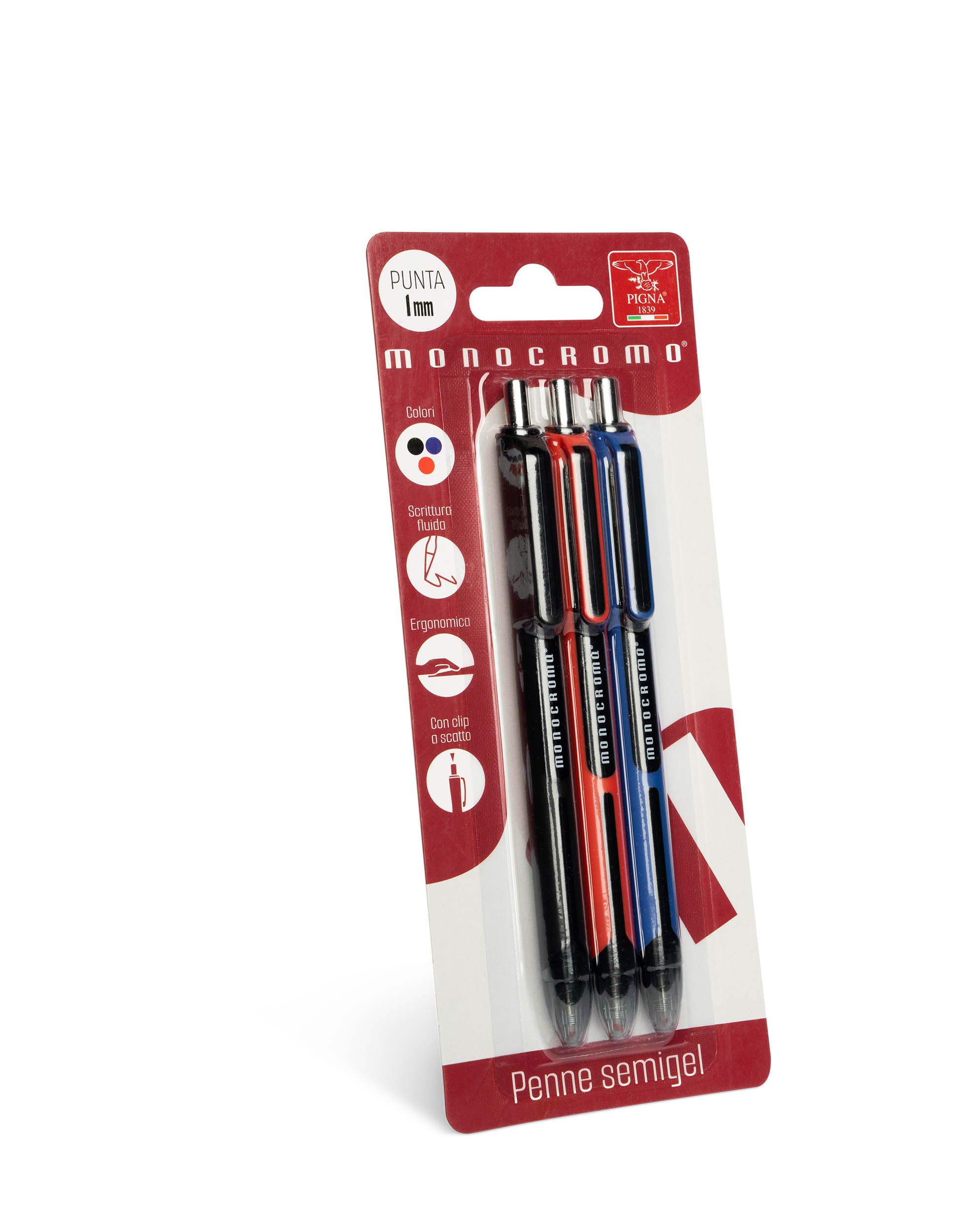 Pigna, Kugelschreiber mit Semi-Gel-Tinte, retraktibel, einfarbig, 3er-Blisterpackung (schwarz, rot, blau), flüssiger Schreibzug, ideal für Schule und Büro