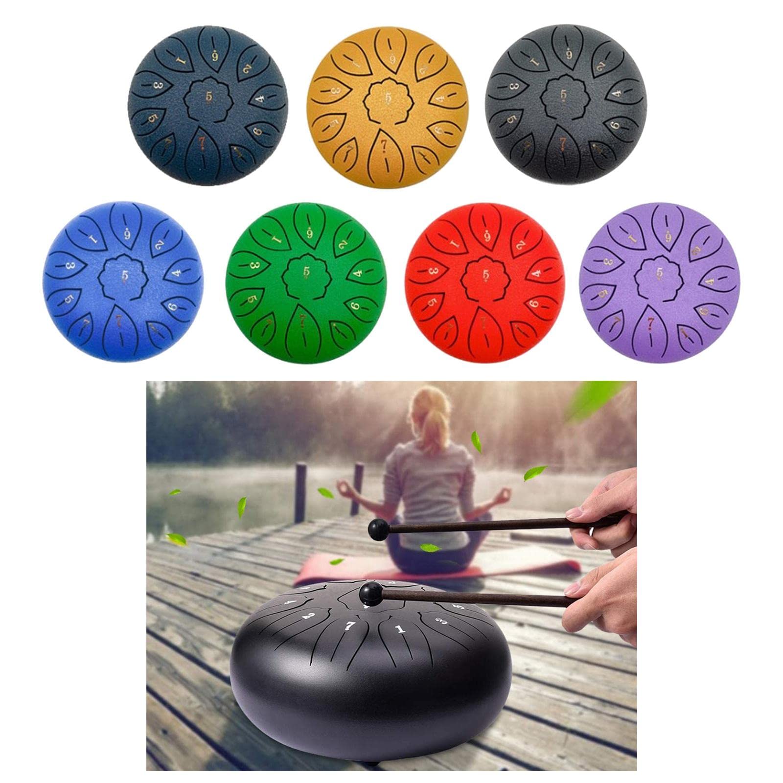 Tambor de Lengüeta de Acero con 11 Sonidos Instrumento de Percusión Educativo con Mazos Y Bolsa Material Antióxido Adecuado para Meditación, Negro