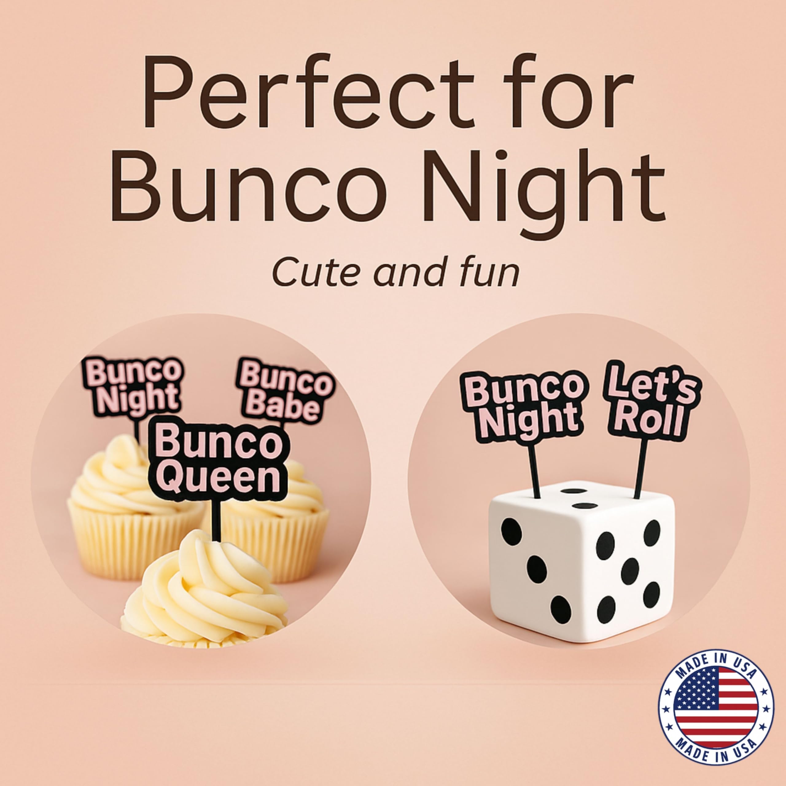 Bunco Cupcake Toppers – 8 Fun Bunco Sayings – Reusable Party Picks for Cupcakes & Snacks – Great Bunco Gift or Door Prize