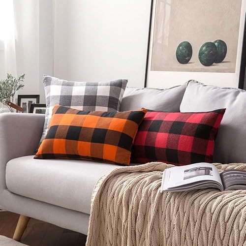 Miniatura 4 de MIULEE - Paquete de 2 fundas de almohada decorativas de lino y poliéster a cuadros clásicos de Navidad, color negro y rojo, fundas de cojín