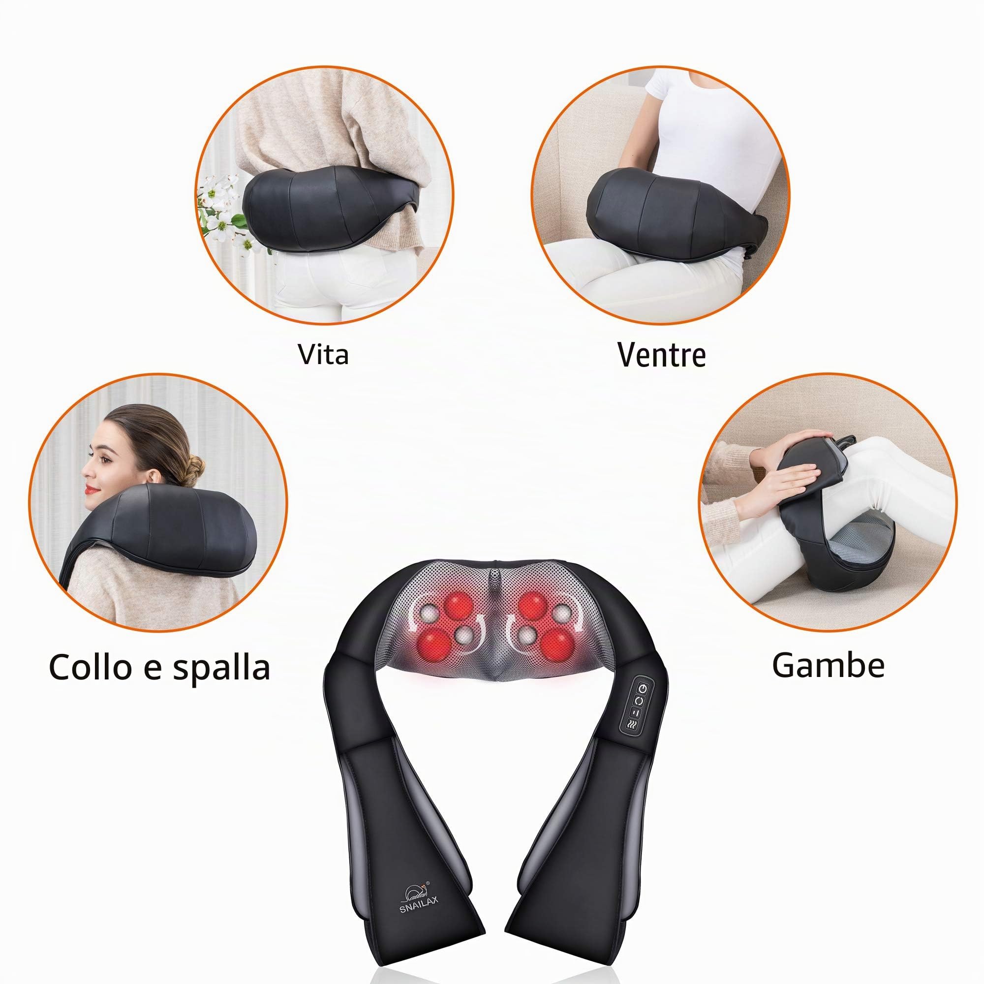 Snailax Shiatsu Massaggiatore per collo con calore, impastare spalle e schiena, 4D Deep Tissue, cuscino massaggiante per casa e ufficio, ideale come regalo di Natale per donne e uomini
