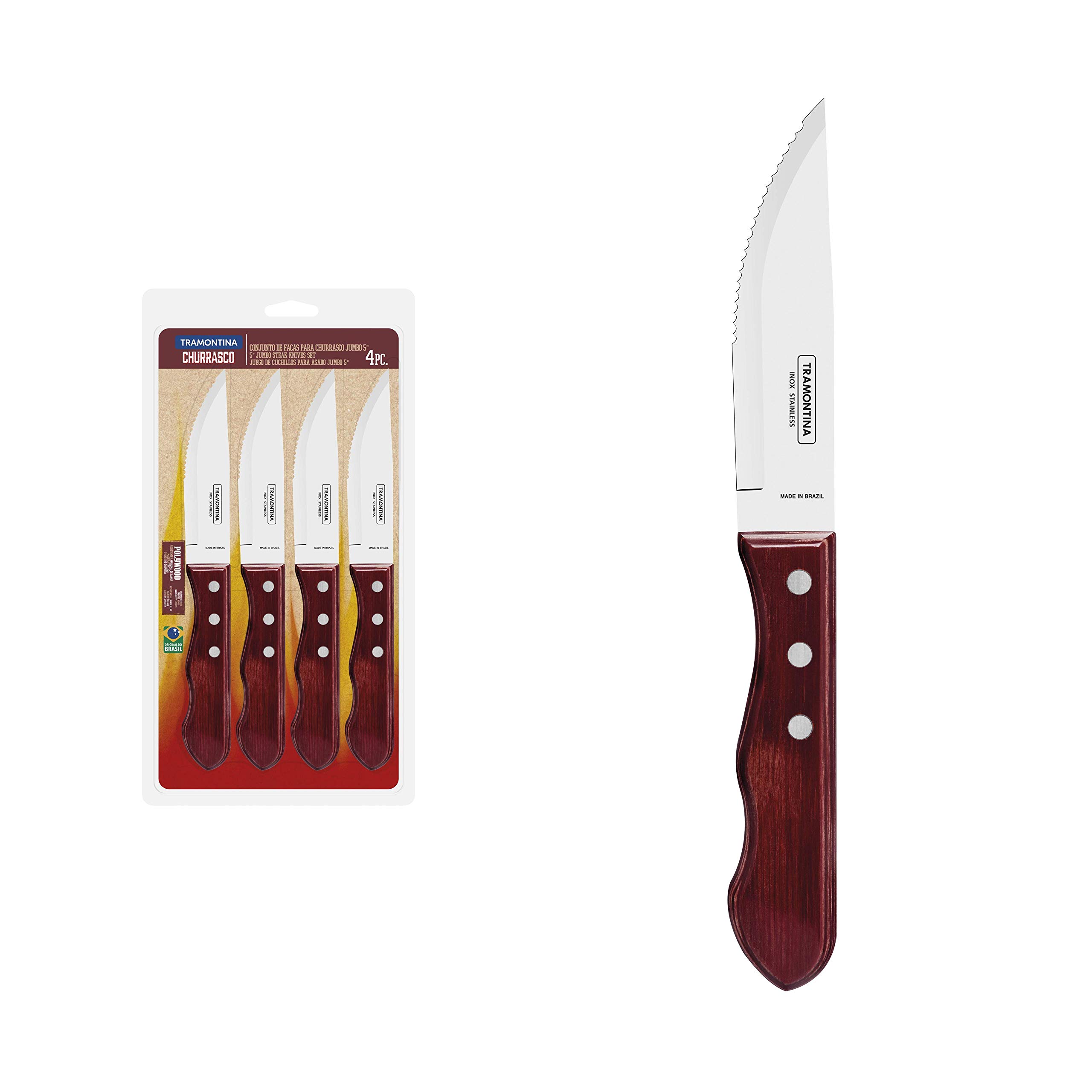 Couteaux à steak Jumbo Tramontina rouge inox bois couvert viande grillade bloc table