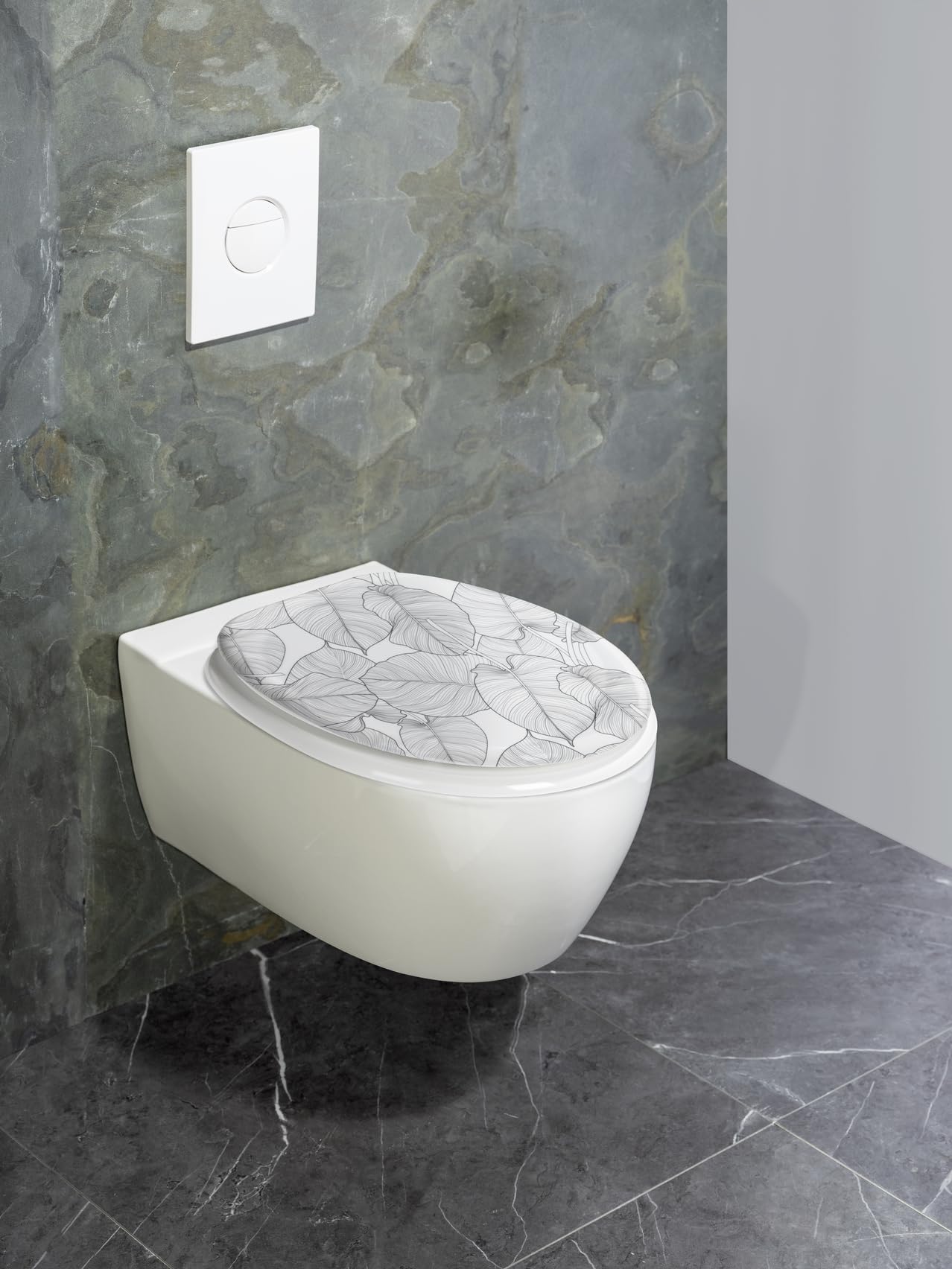 WENKO Asiento de WC Samoa, asiento de inodoro de diseño de Duroplast prémium con Easy-Close y Fix-Clip de acero inoxidable, antibacteriano y resistente a los arañazos, 38 x 45 cm, blanco/gris