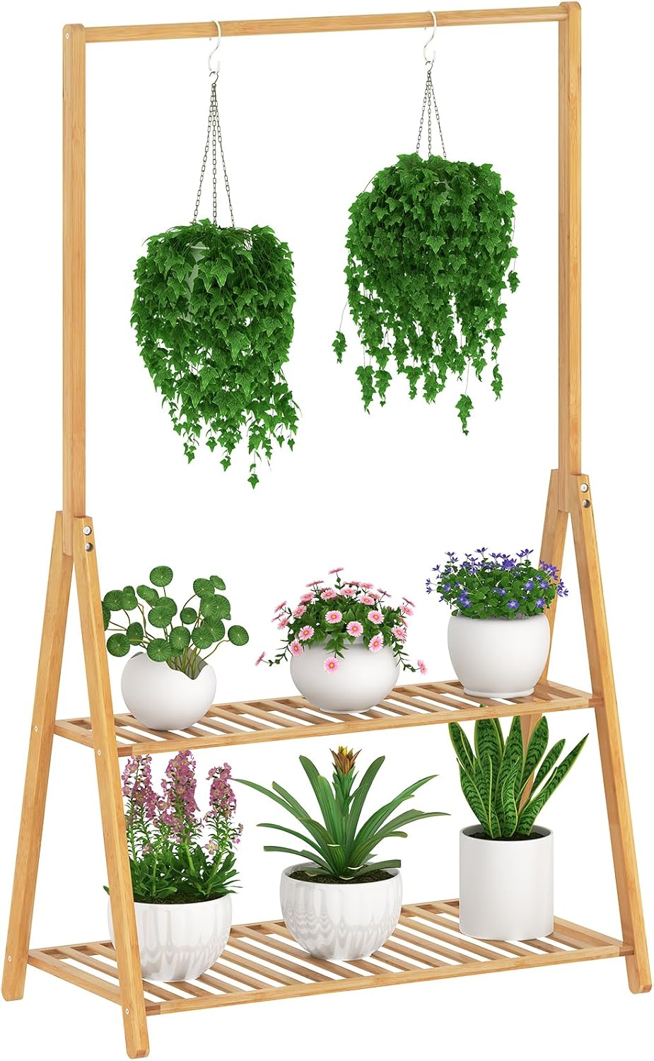 Bamboo Plant Stand with Hanging Bar 2 Tier Storage Shelf, Multiple Flower Pot Holder for Living Room Balcony Indoor Outdoor