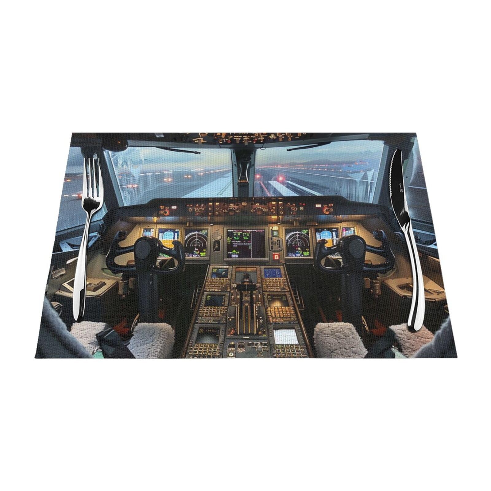Airplane Cockpit Printed PVC Placemat 6 PCS for Kitchen Dining Table Heat-resistand Washable Table Mats 18x12 in