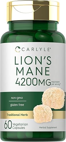 Carlyle Cápsulas de suplemento de melena de leones 4200 mg 60 unidades Vegetariano, sin OMG y sin gluten
