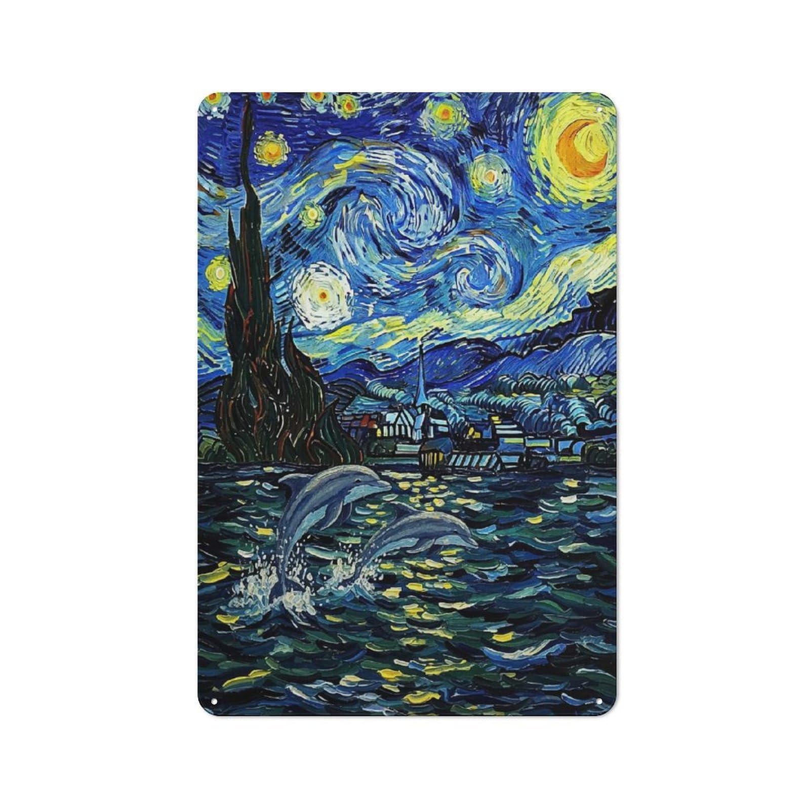 Junmoney Starry Night Dolphins Painting Tin Sign 30X20cm With For Workshop Wall, Rustic Decor, Autumn Room Decor For Fans Of Metal Wall Signs