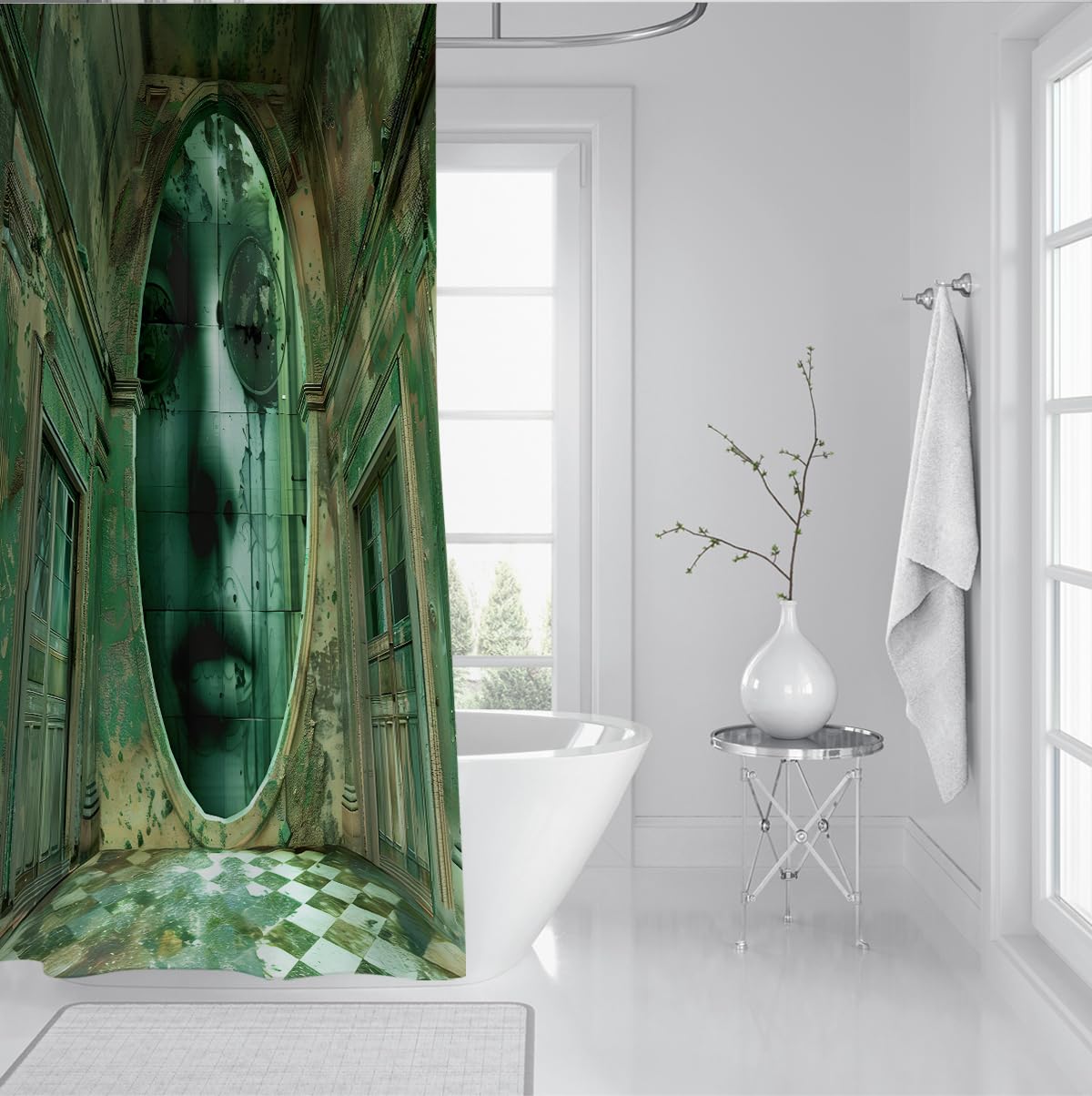 Surrealismus-Stoff-Duschvorhang Gotische Burg geheimnisvolles Porträtdesign Badevorhang für Badezimmerdekoration Schnell trocknbare Maschine waschbar 200 x 240 cm