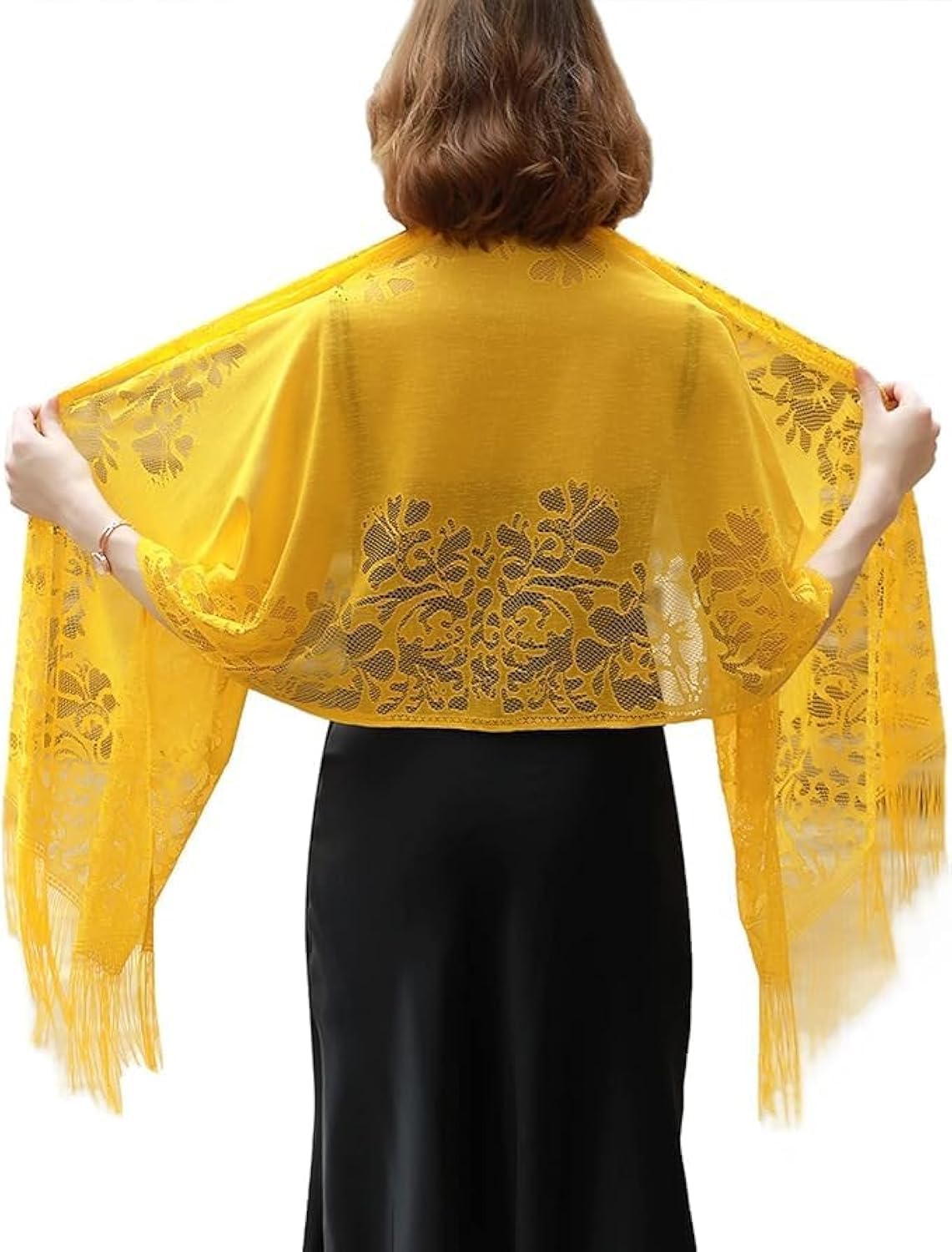 Women's Floral Lace Scarf Shawl with Tassels, Soft Mesh Fringe Wraps for Wedding Evening Party Dresses