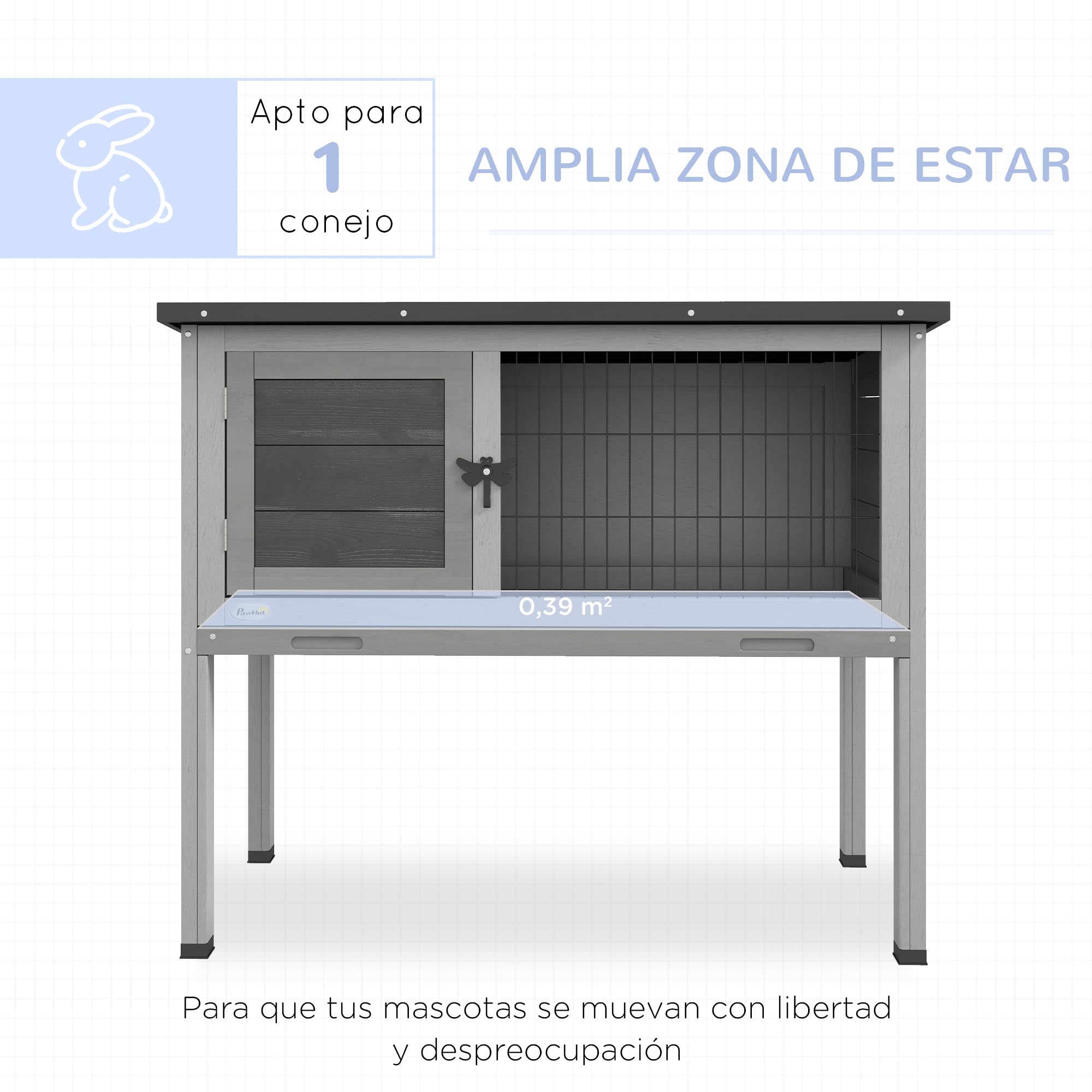 PawHut Conejera de Madera de Abeto Caseta Exterior Refugio para Animales Pequeños Conejos Cobayas con Techo Asfáltico y Bandeja Extraíble 84x43x70 cm Gris y Negro