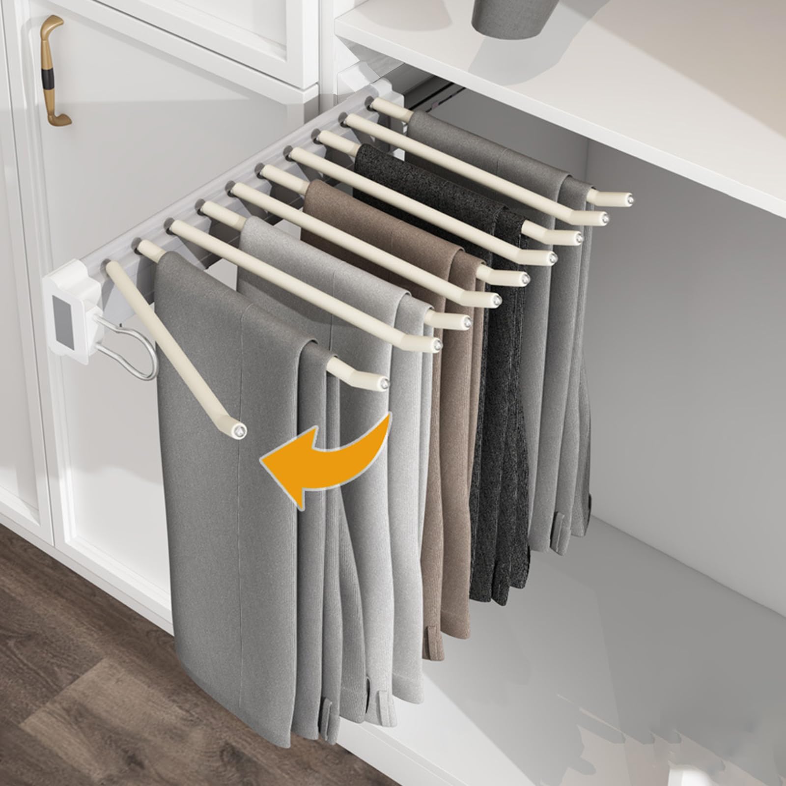 Percha para Pantalones Extensible, 10 Brazos, para Armario 46cm | riel suave, carga 20 kg y ahorro, flocado antideslizante, espacio en armarios, barra extensible para montaje lateral