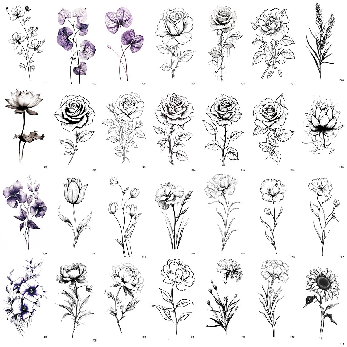 Flower Temporary Tattoos for Women 30 Sheets Black Realistic Floral Bouquet Temporary Tattoos for Girls Tiny Fake Tattoo Stickers