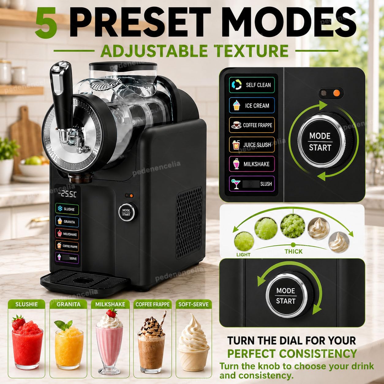 Macchina per Granite, Senza Bisogno di Ghiaccio, Produttore Professionale 5-in-1 di Slushy con Compressore 185W, capacità 2L, Autopulizia, Consistenza Regolabile Black