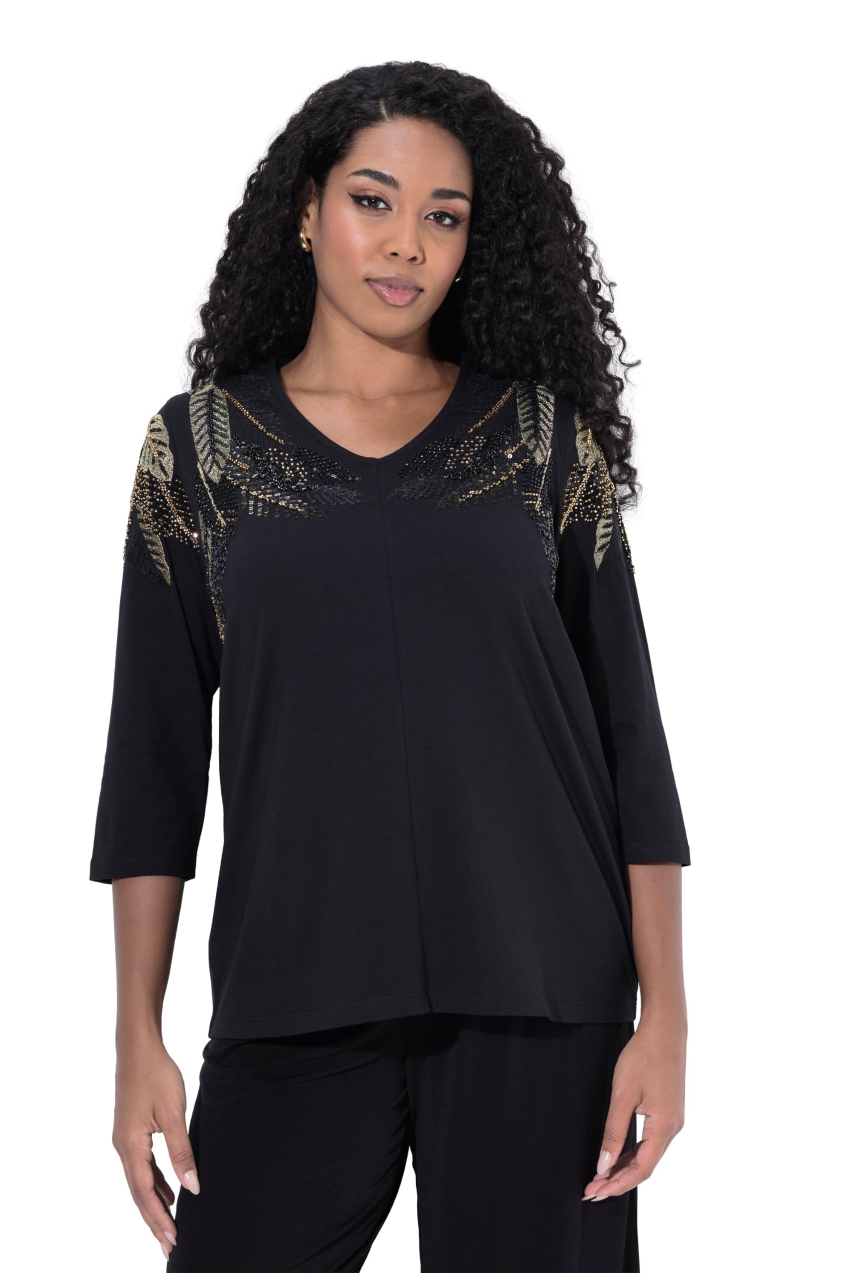 Ulla Popken Damen große Größen Übergrößen Plus Size Shirt, Federn, Stehkragen, V-Ausschnitt, 3/4-Arm 842688