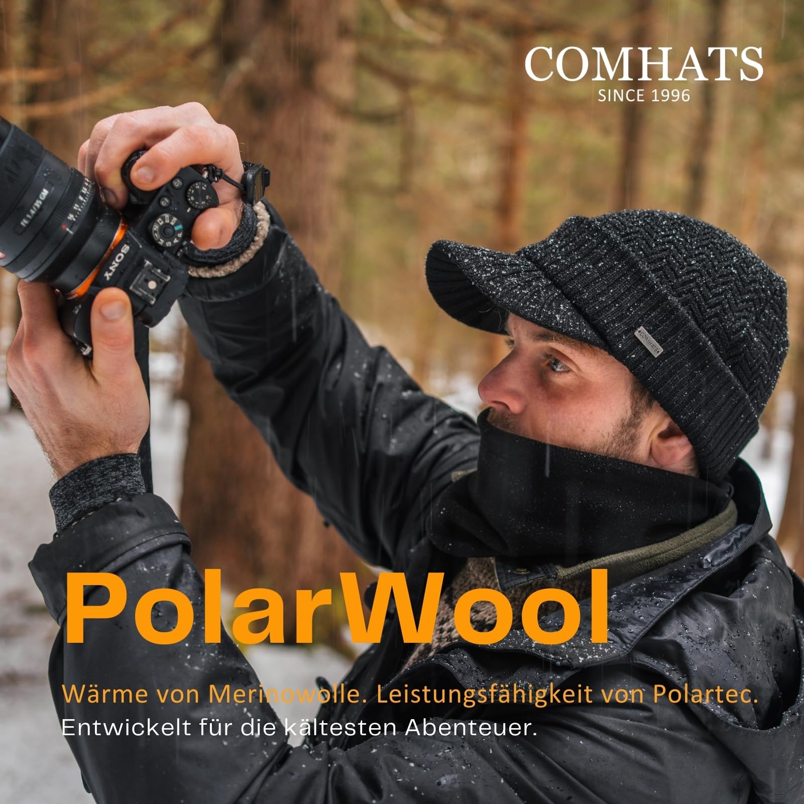 Comhats M/L/XL - Conjunto de invierno para hombre de lana merino con visera y bufanda de esquí, gorro de lana con visera y calentador de cuello de forro polar