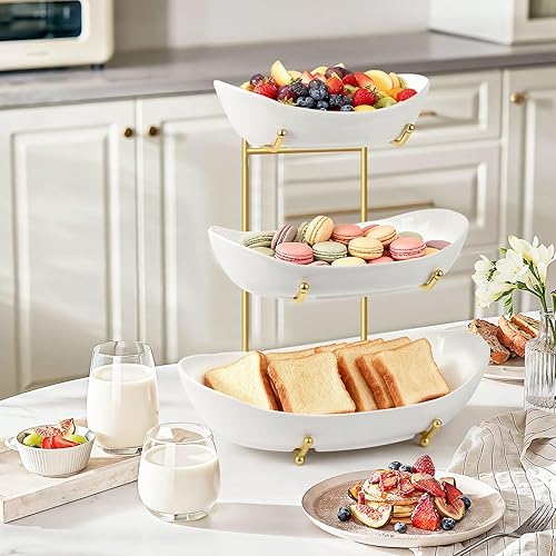 Miniatura 4 de Frutero grande para encimera de cocina, cesta de frutas de cerámica de 3 niveles con soporte de metal, soporte de frutas escalonado para encimera,